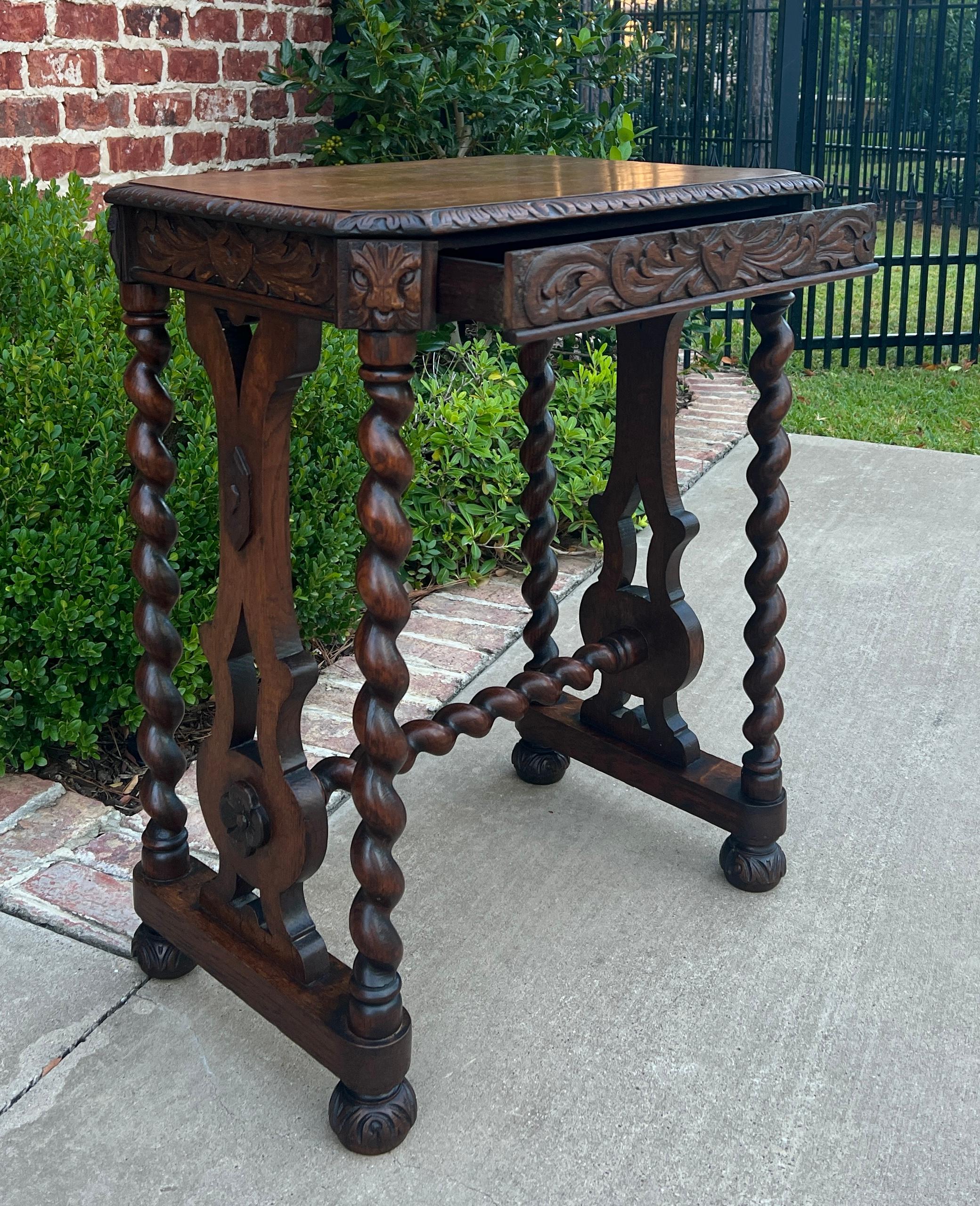 Antique French Side End Table BARLEY TWIST Carved Oak Renaissance Drawer 19th C 3