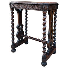 Antique French Side End Table BARLEY TWIST Carved Oak Renaissance Drawer 19th C
