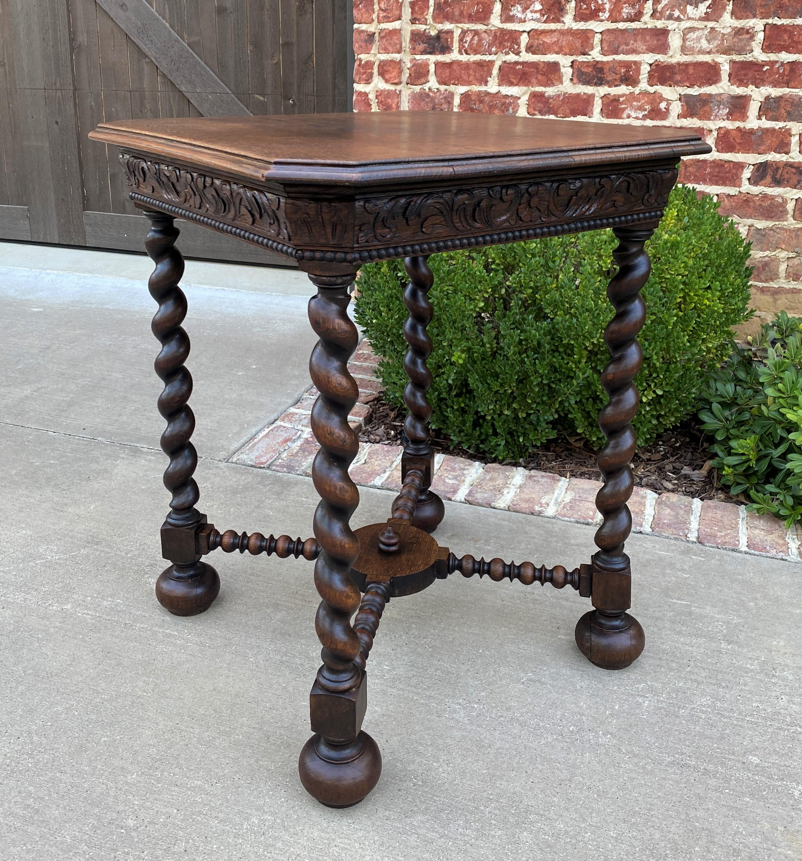 Hard-to-find antique French oak end table side occasional table with barley twist legs~~square canted corner top~~c. 1920s-1930s 

Apron is carved on all 4 sides~~thick barley twist legs with bobbin twist 