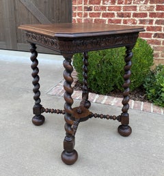 Antique French Side End Table Barley Twist Legs Canted Corners Oak Square Top