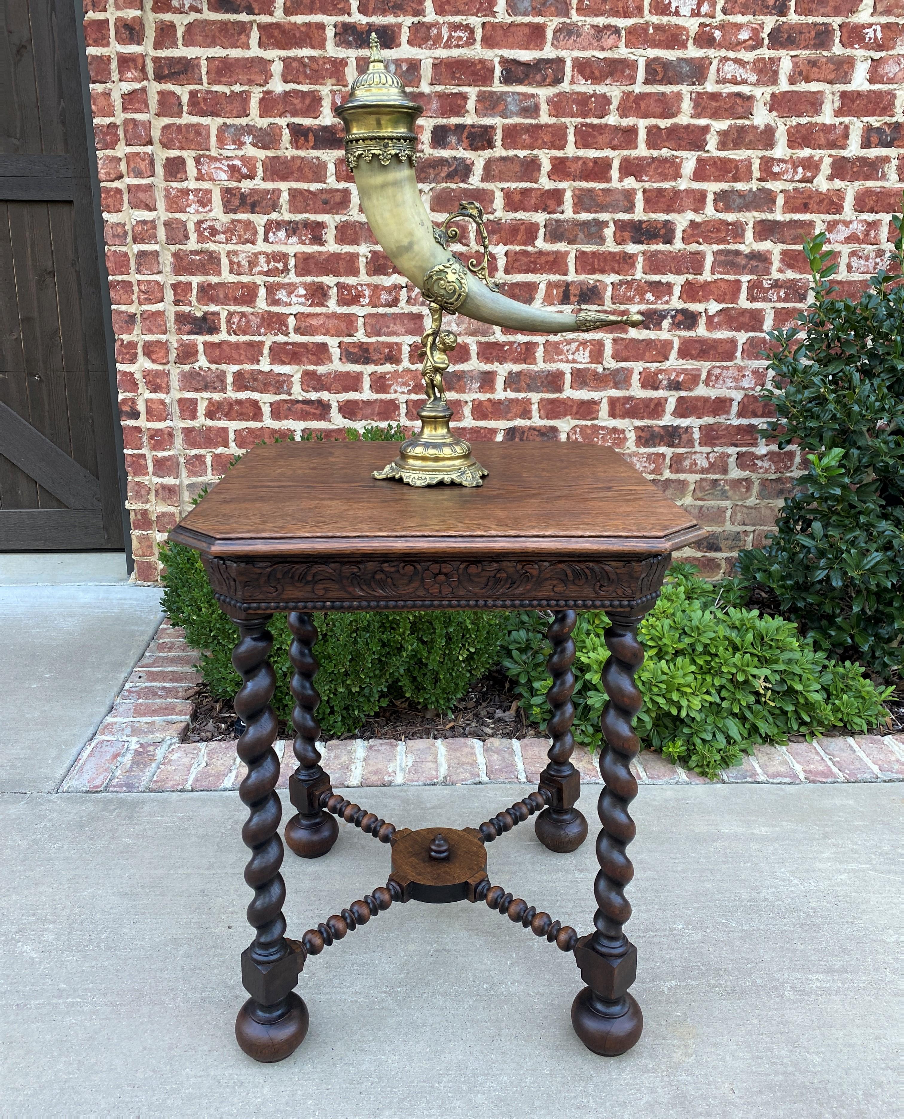Jacobean Antique French Side End Table Barley Twist Legs Canted Corners Oak Square Top