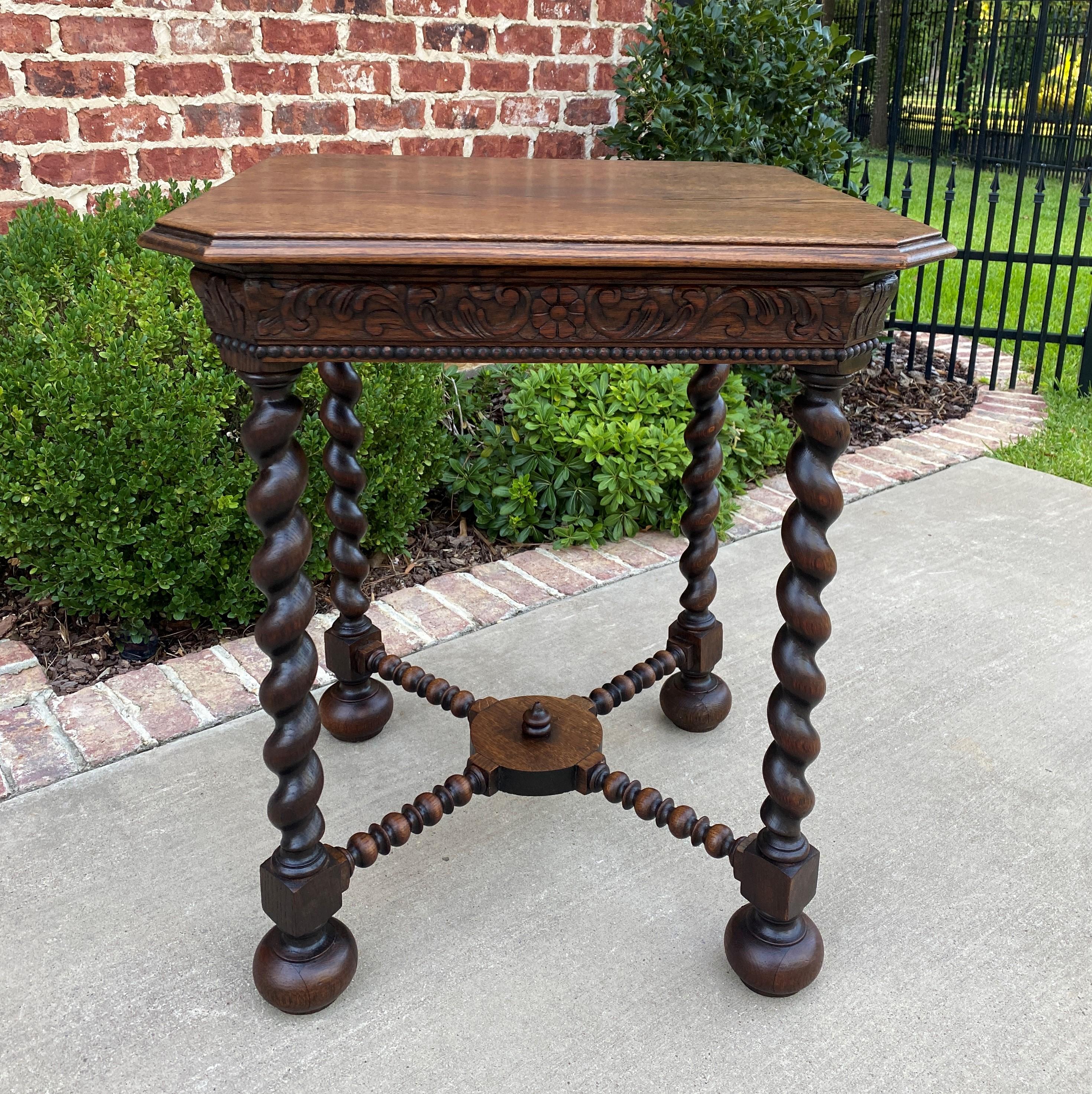 Carved Antique French Side End Table Barley Twist Legs Canted Corners Oak Square Top