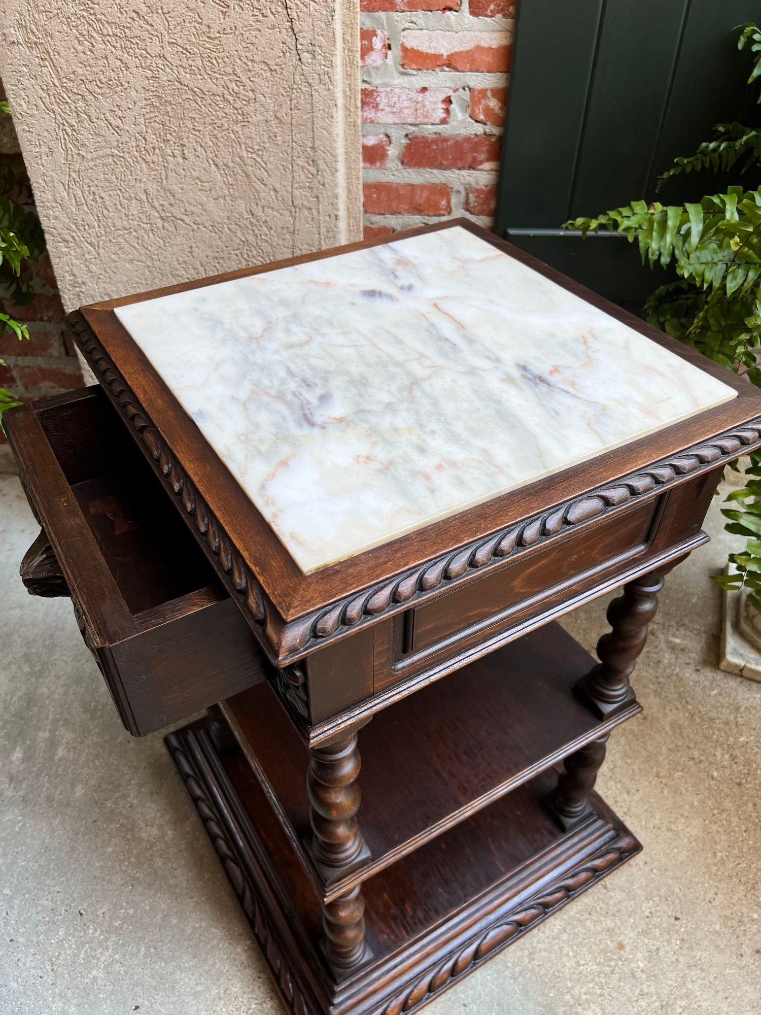 Antique French Side End Table Oak Cabinet BARLEY TWIST Renaissance White Marble 4