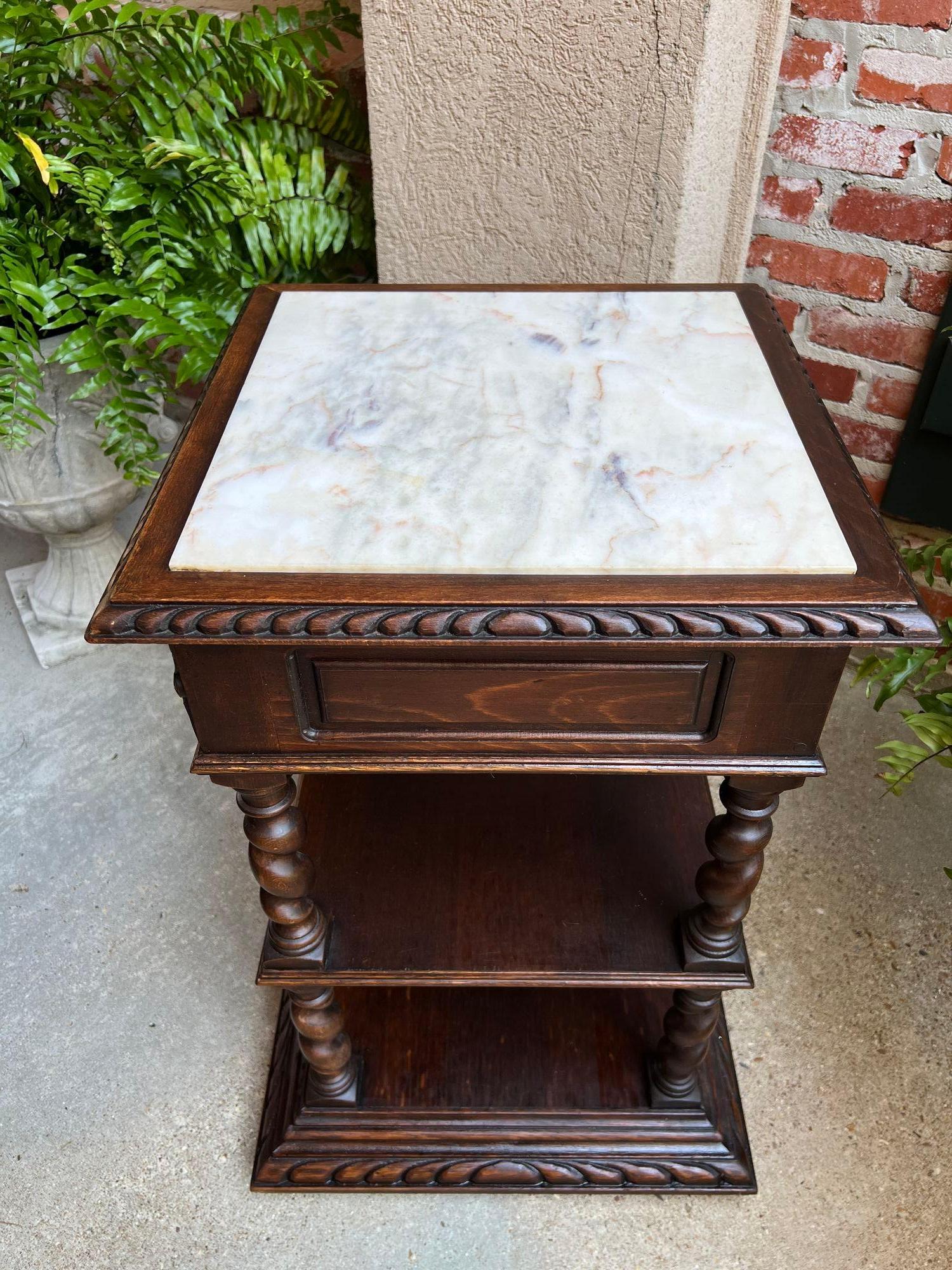 Antique French Side End Table Oak Cabinet BARLEY TWIST Renaissance White Marble 5