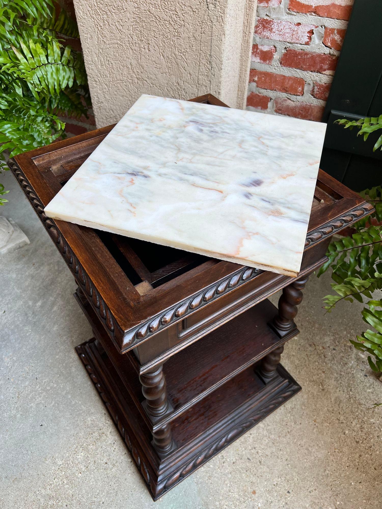 Antique French Side End Table Oak Cabinet BARLEY TWIST Renaissance White Marble 6