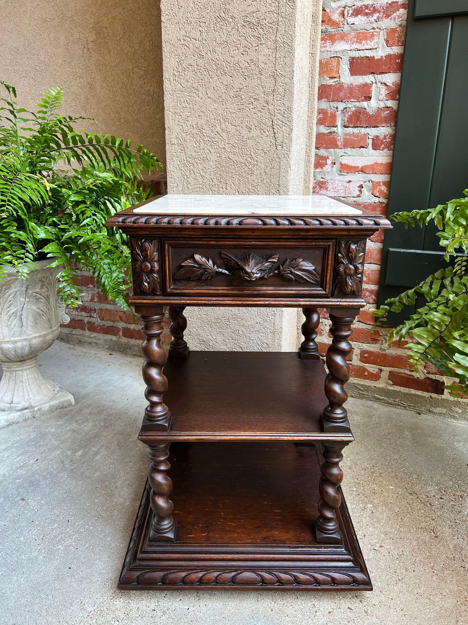 Antique French Side End Table Oak Cabinet BARLEY TWIST Renaissance White Marble 8