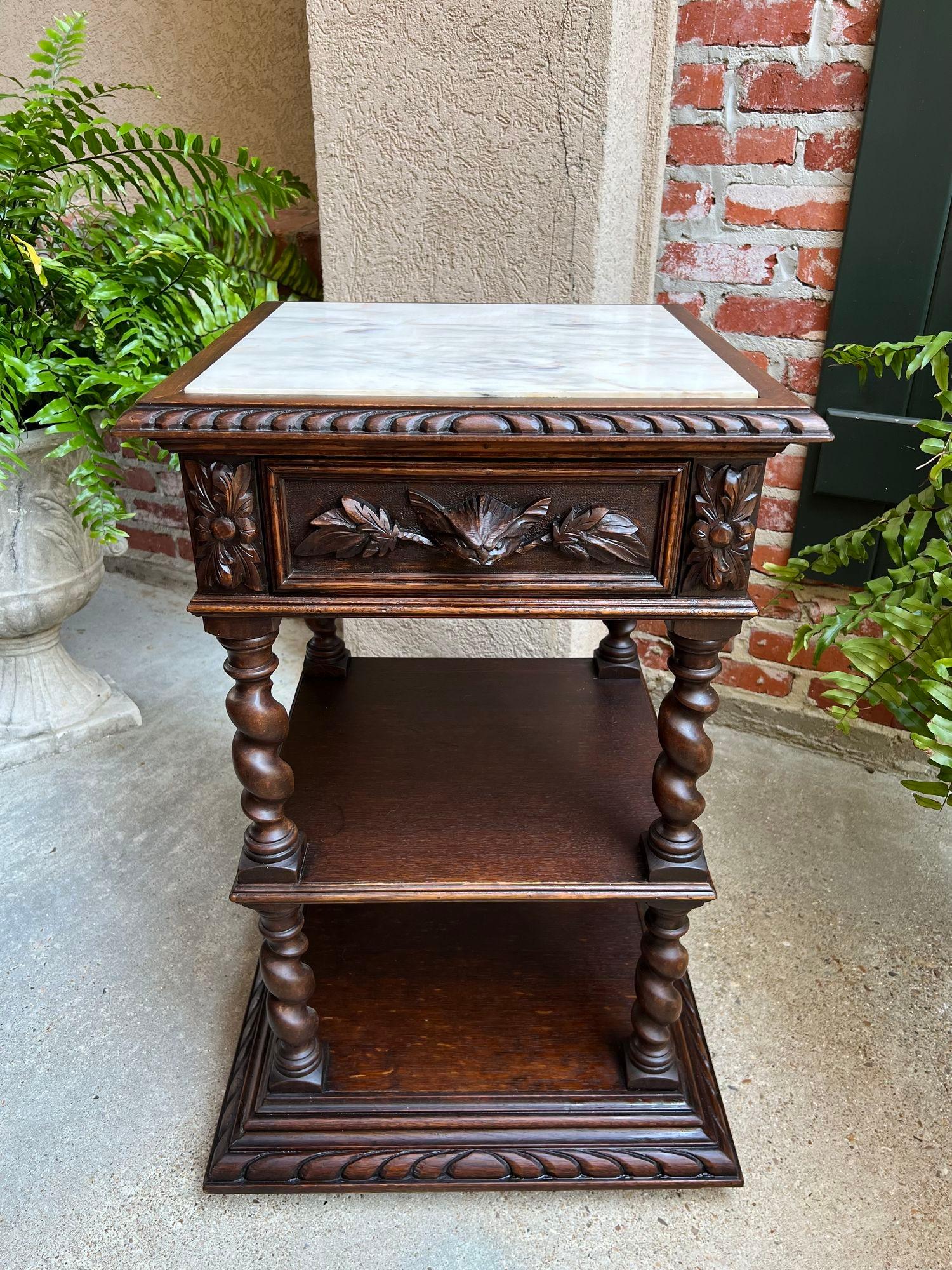 Antique French Side End Table Oak Cabinet BARLEY TWIST Renaissance White Marble 9