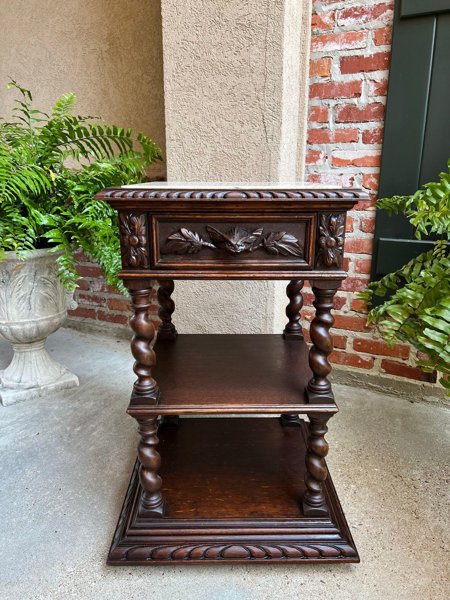 Antique French Side End Table Oak Cabinet BARLEY TWIST Renaissance White Marble 10
