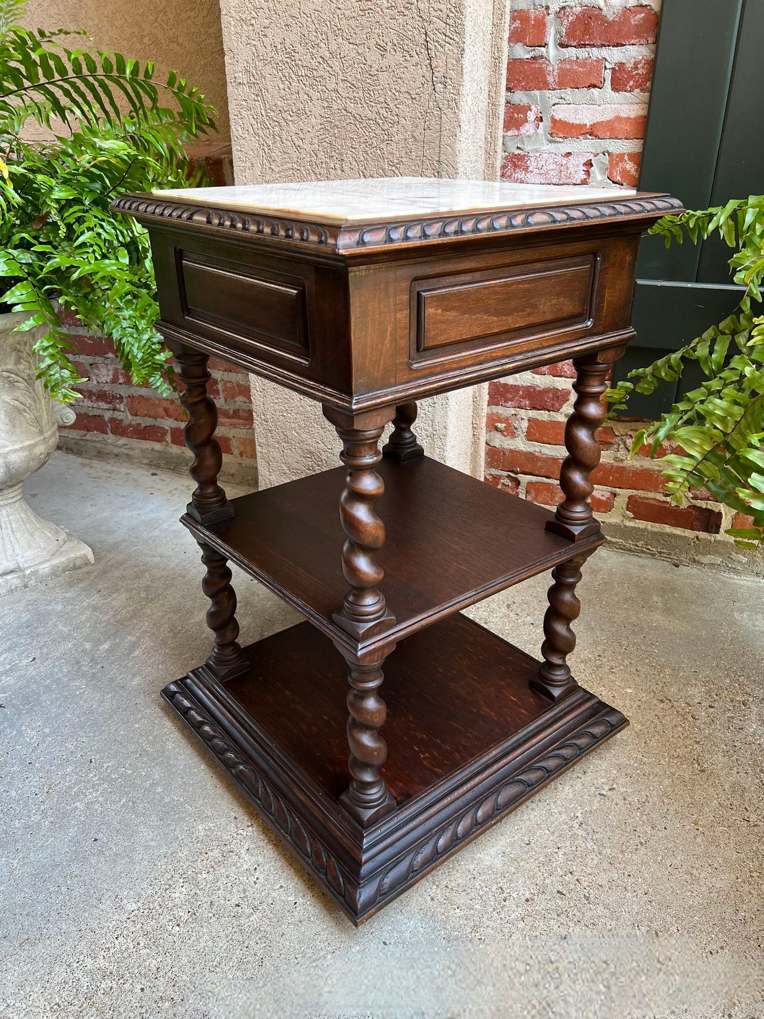 Antique French Side End Table Oak Cabinet BARLEY TWIST Renaissance White Marble 13