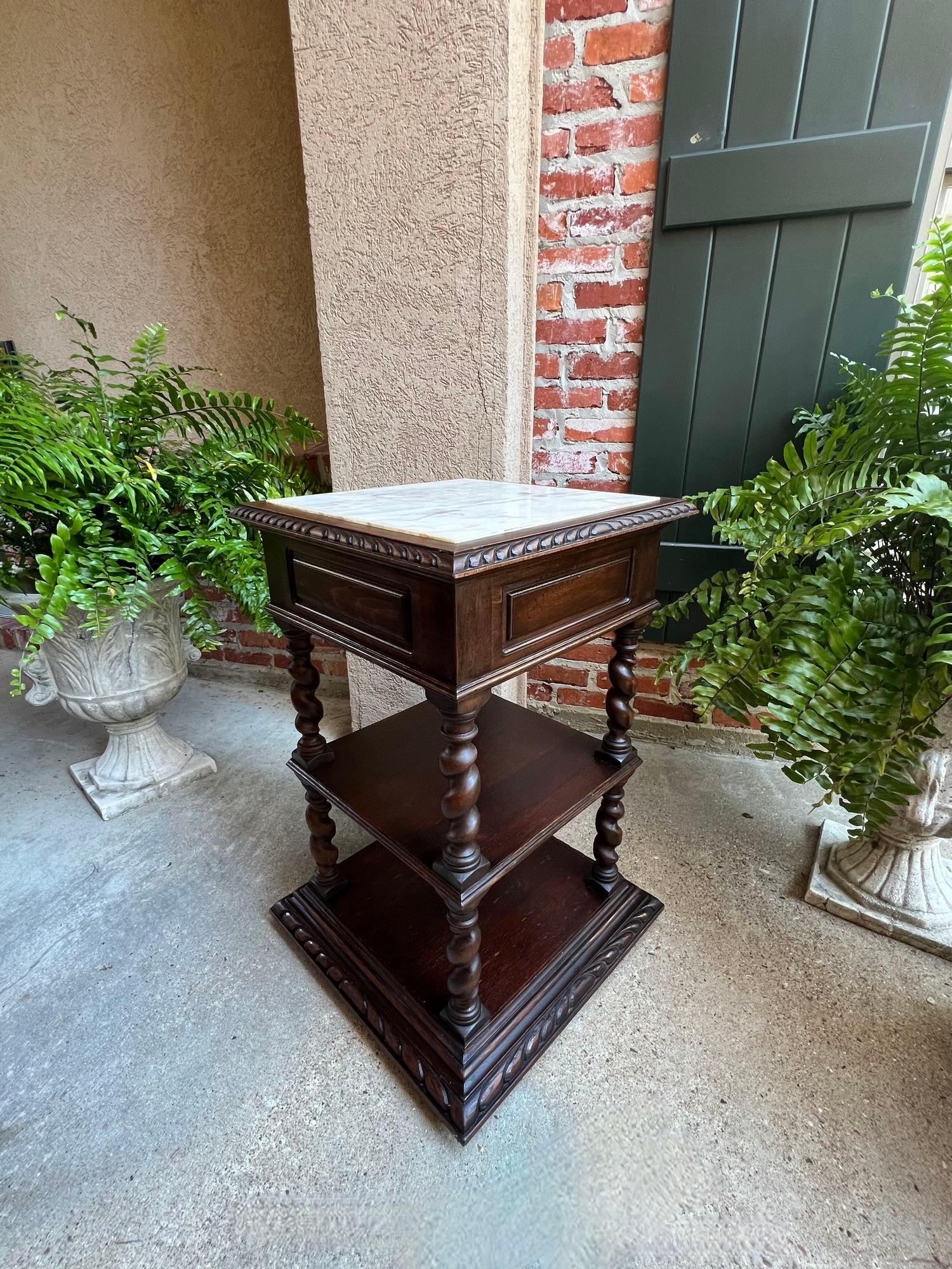 Antique French Side End Table Oak Cabinet BARLEY TWIST Renaissance White Marble 14