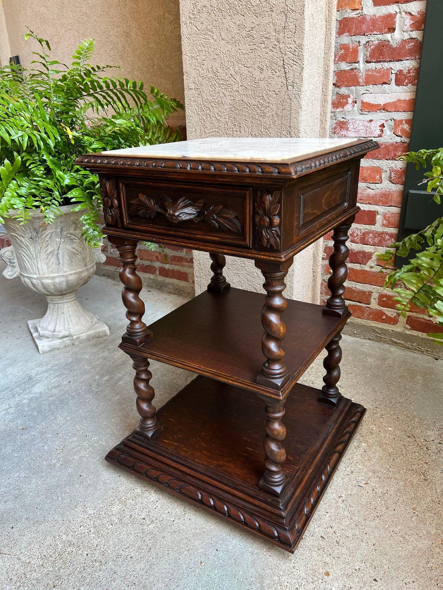 Renaissance Revival Antique French Side End Table Oak Cabinet BARLEY TWIST Renaissance White Marble
