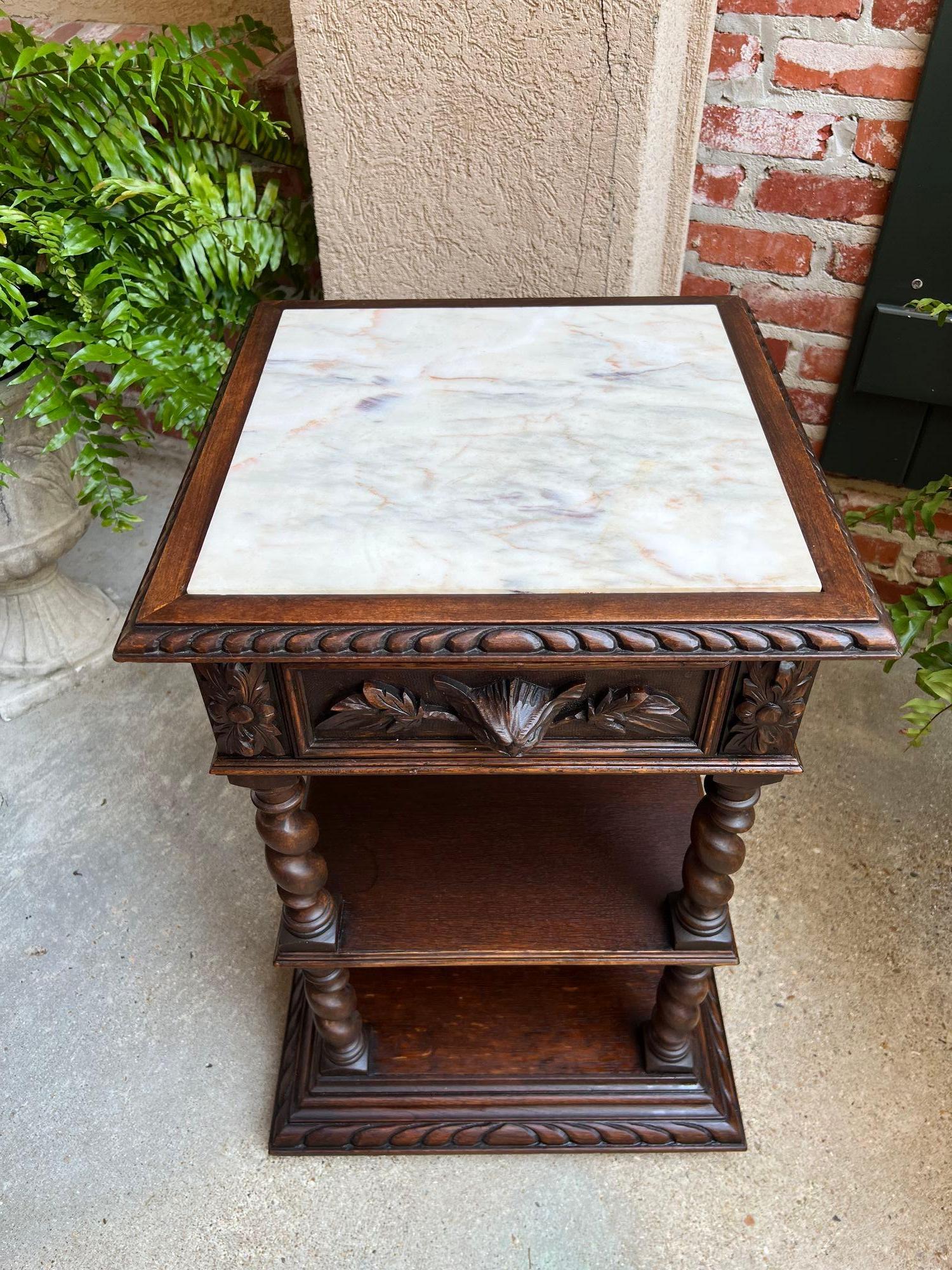 Hand-Carved Antique French Side End Table Oak Cabinet BARLEY TWIST Renaissance White Marble