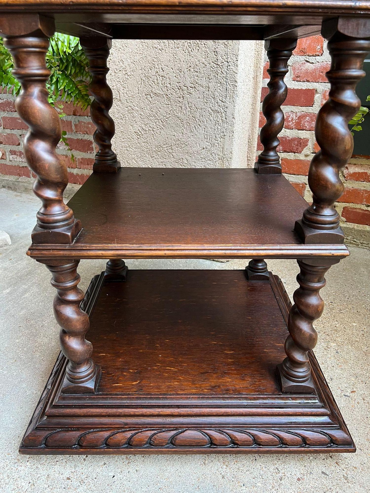 20th Century Antique French Side End Table Oak Cabinet BARLEY TWIST Renaissance White Marble