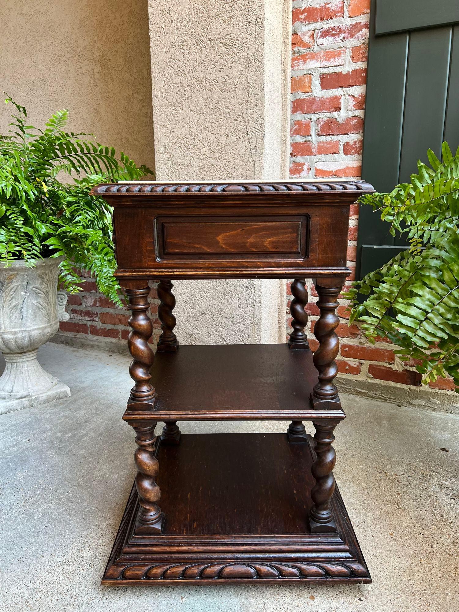 Antique French Side End Table Oak Cabinet BARLEY TWIST Renaissance White Marble 1