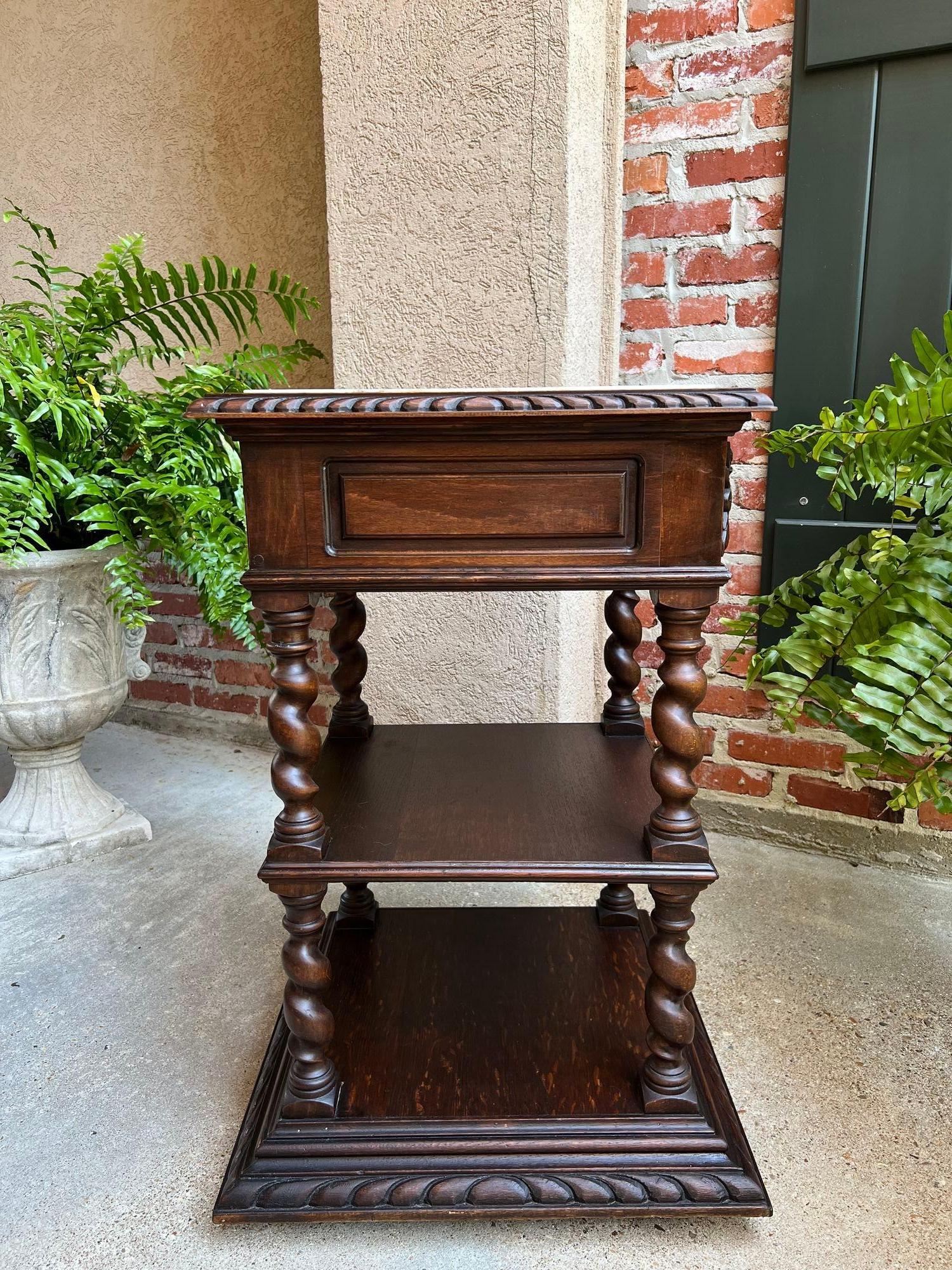 Antique French Side End Table Oak Cabinet BARLEY TWIST Renaissance White Marble 3
