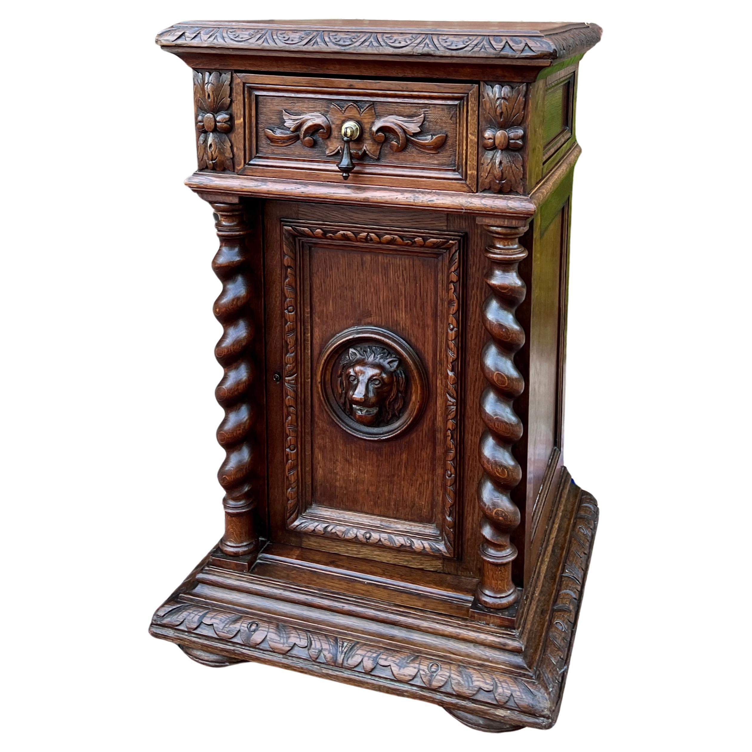 Antique French Side End Table Pedestal Cabinet BARLEY TWIST Oak Renaissance 19C