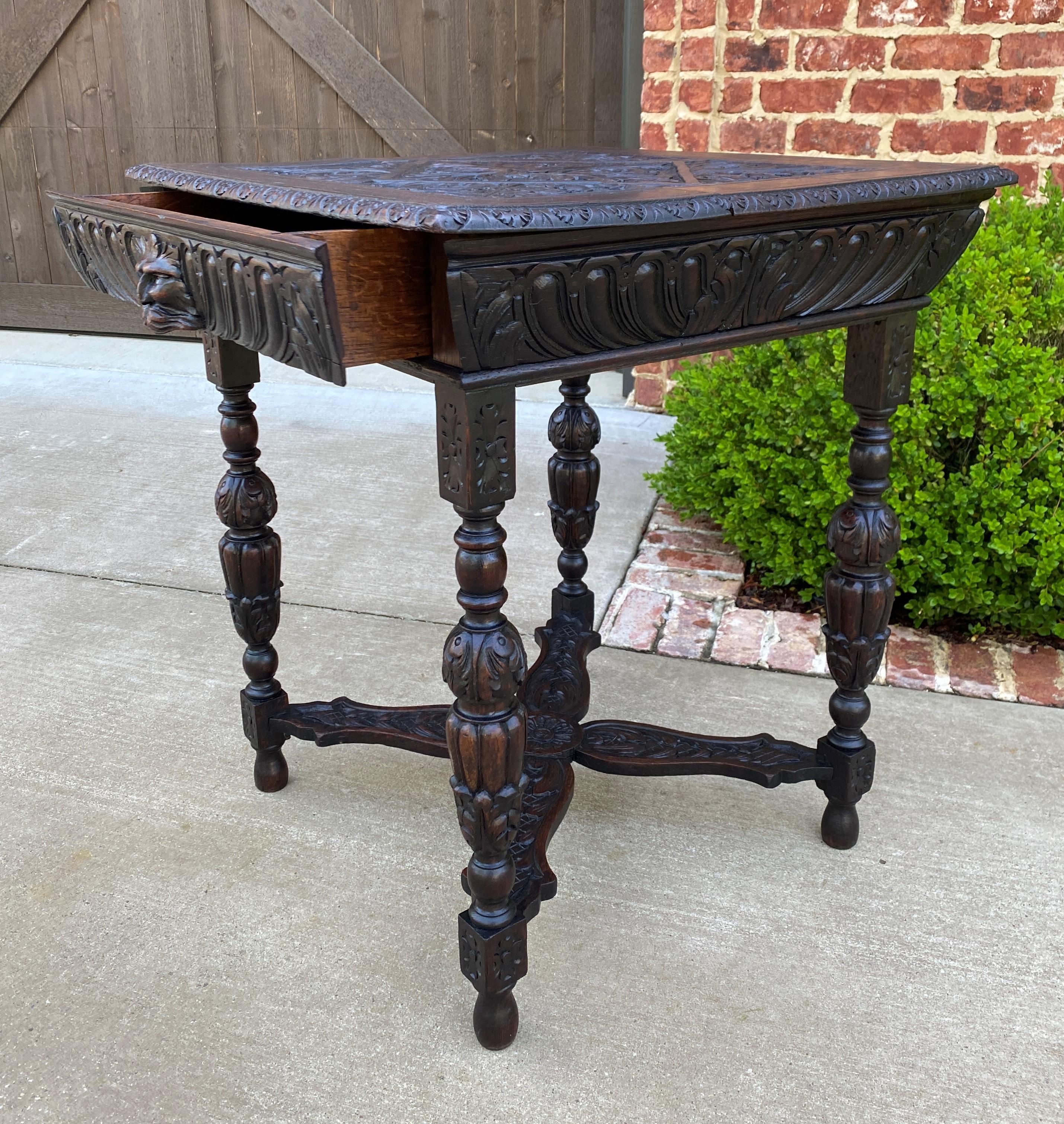 Antique French Side Hall End Library Table Nightstand Square Carved Oak Drawer 3