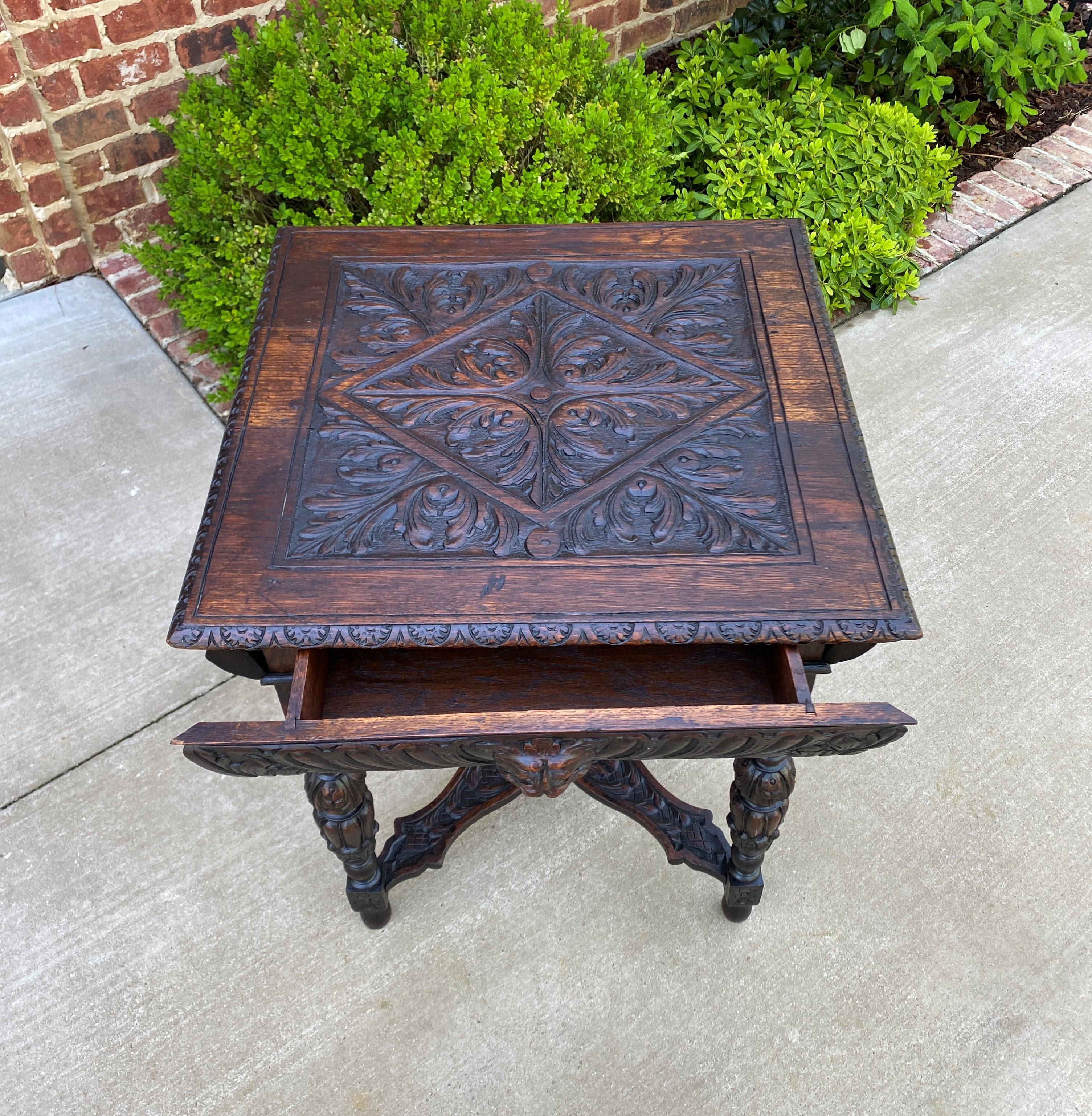 Antique French Side Hall End Library Table Nightstand Square Carved Oak Drawer 5