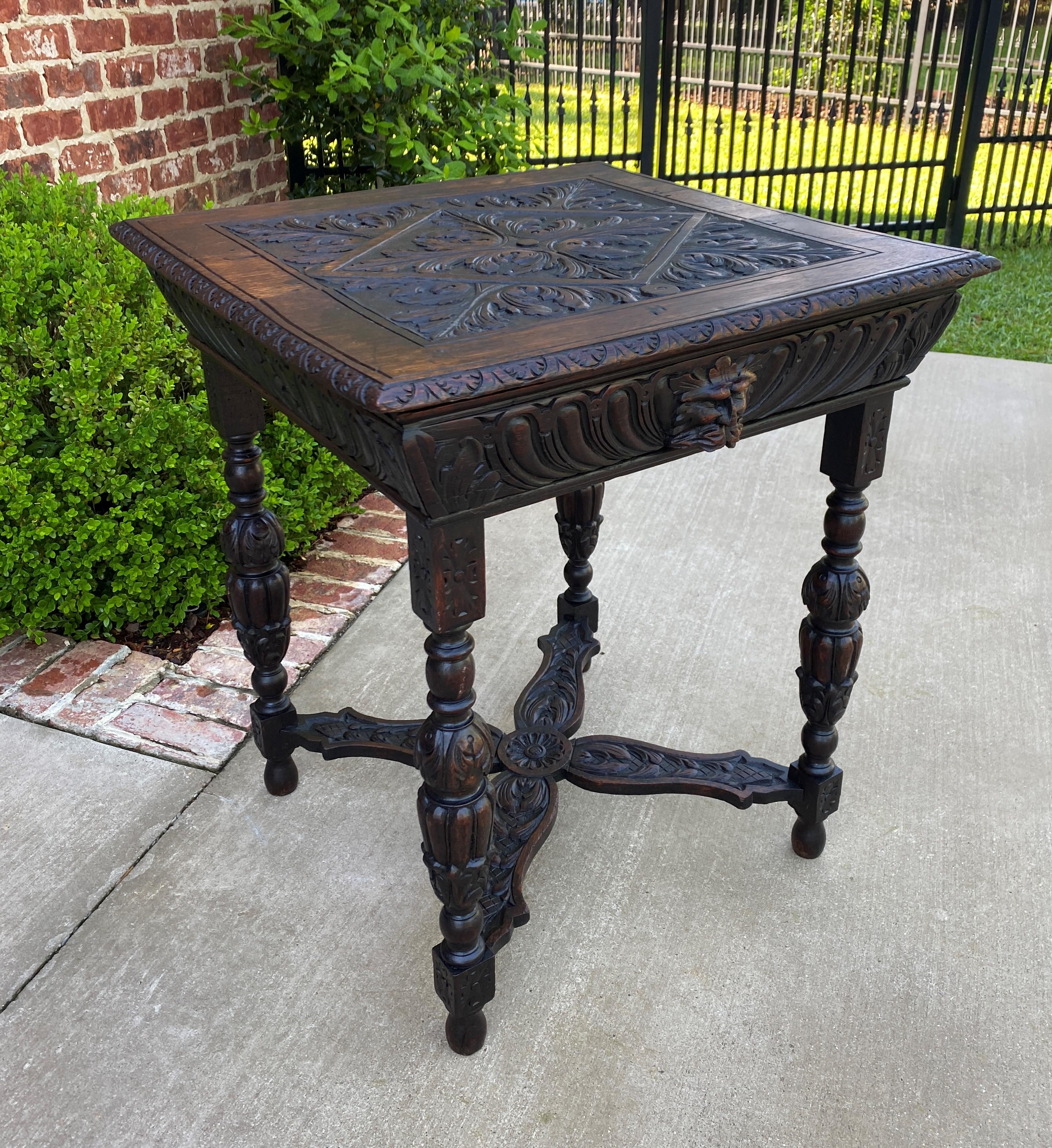 Antique French Side Hall End Library Table Nightstand Square Carved Oak Drawer 10