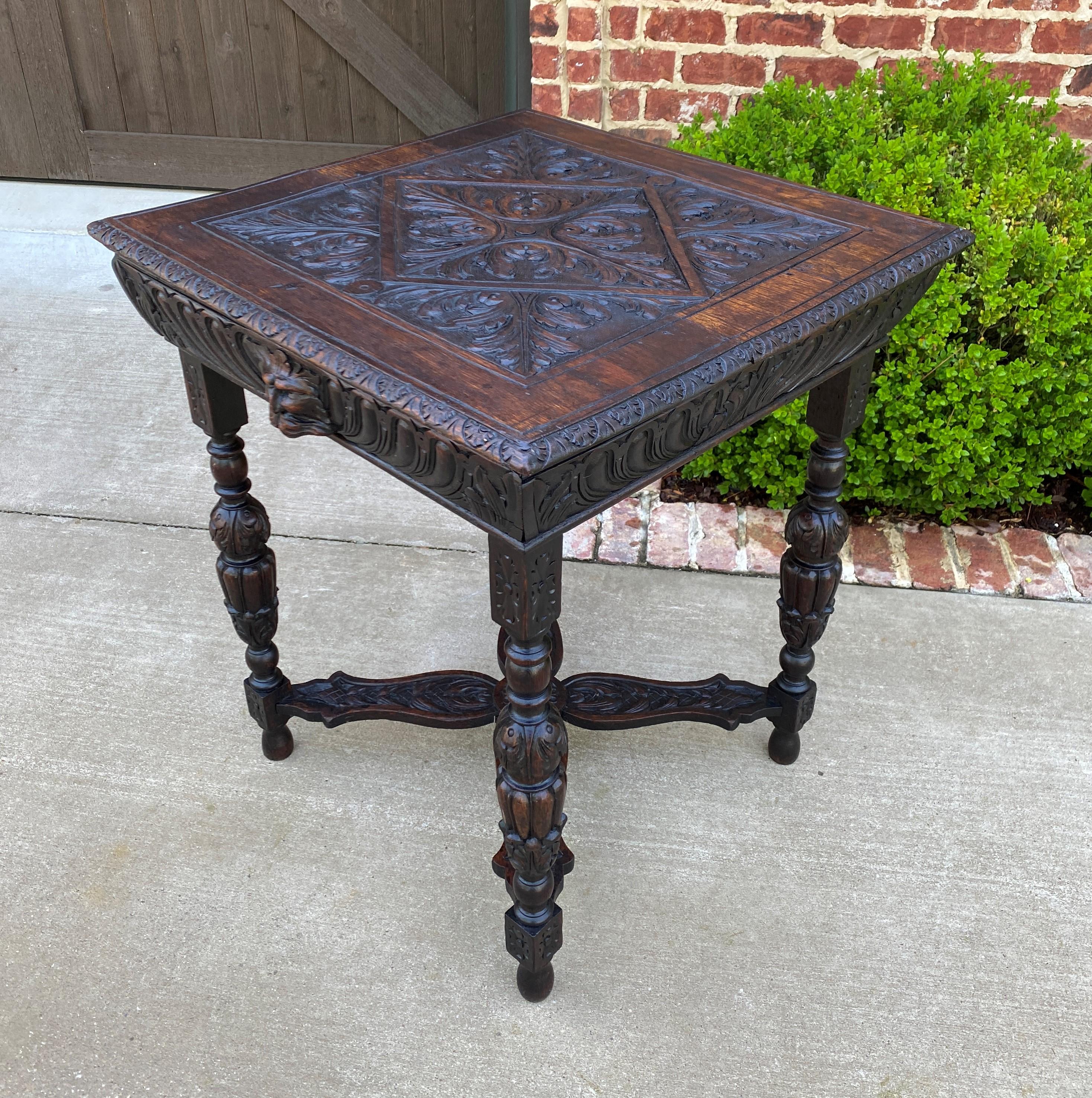 Renaissance Revival Antique French Side Hall End Library Table Nightstand Square Carved Oak Drawer