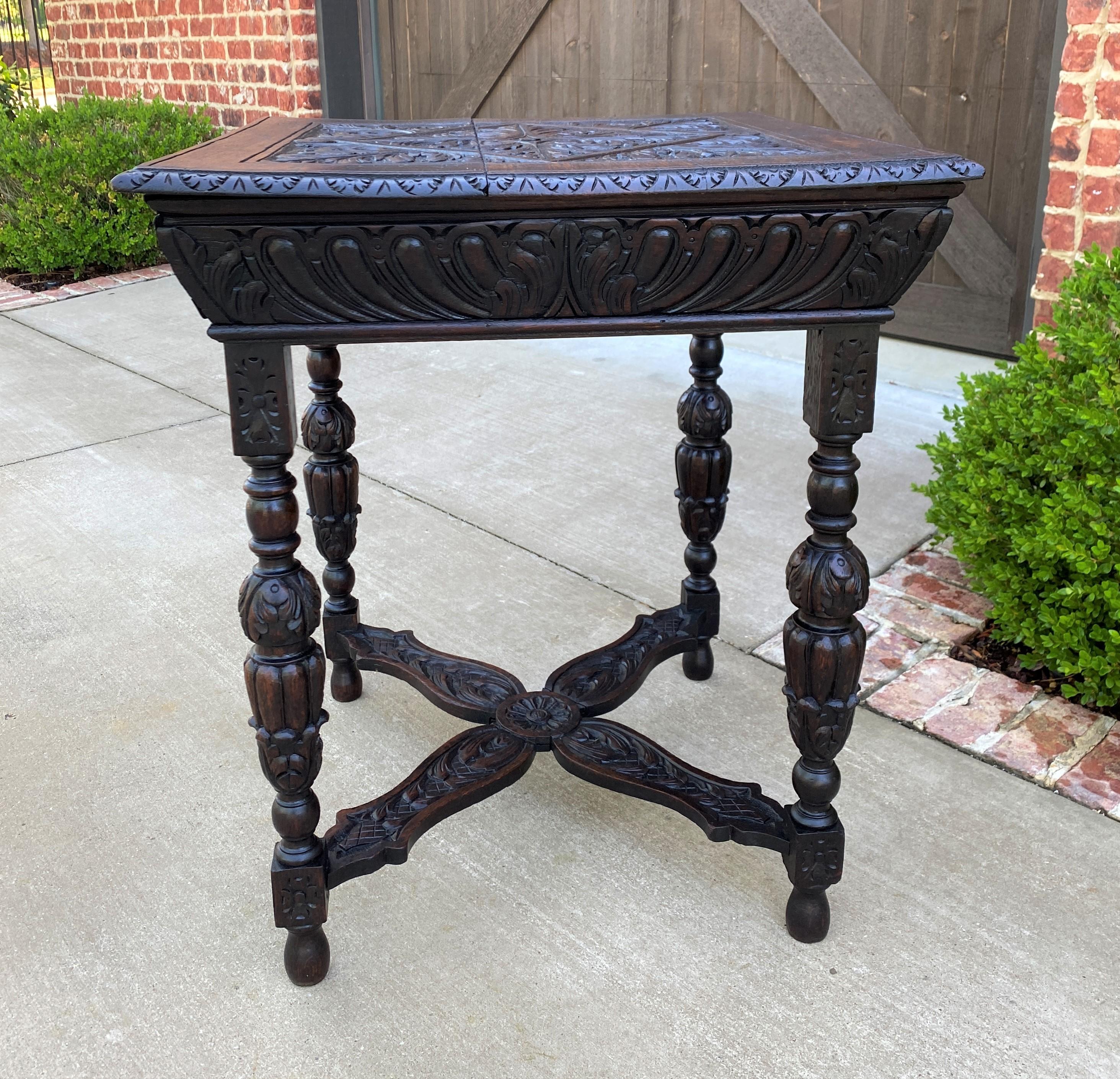 Antique French Side Hall End Library Table Nightstand Square Carved Oak Drawer In Good Condition In Tyler, TX