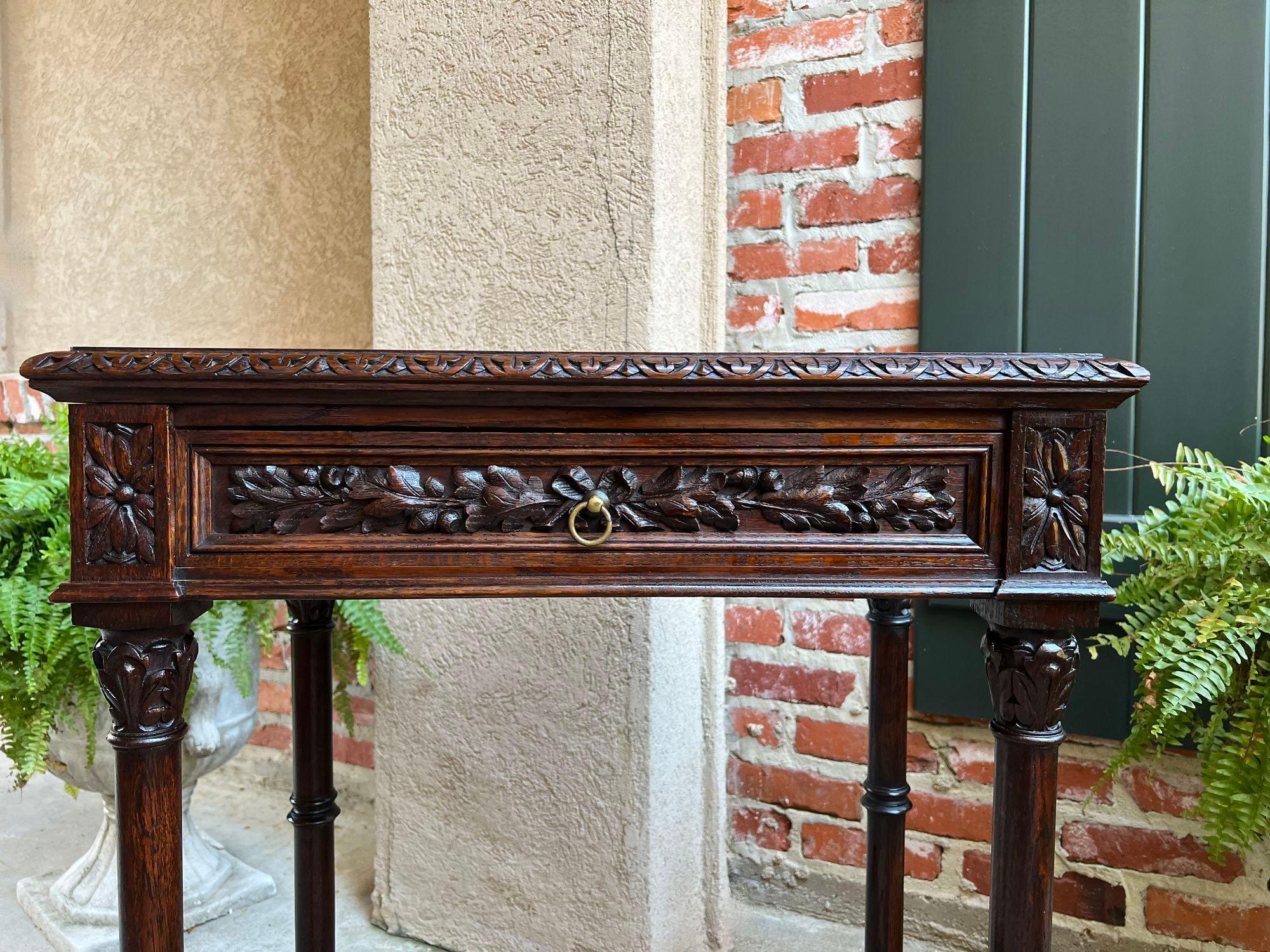 Hand-Carved Antique French Side Sofa Hall Table Carved Dark Oak Renaissance End Table For Sale