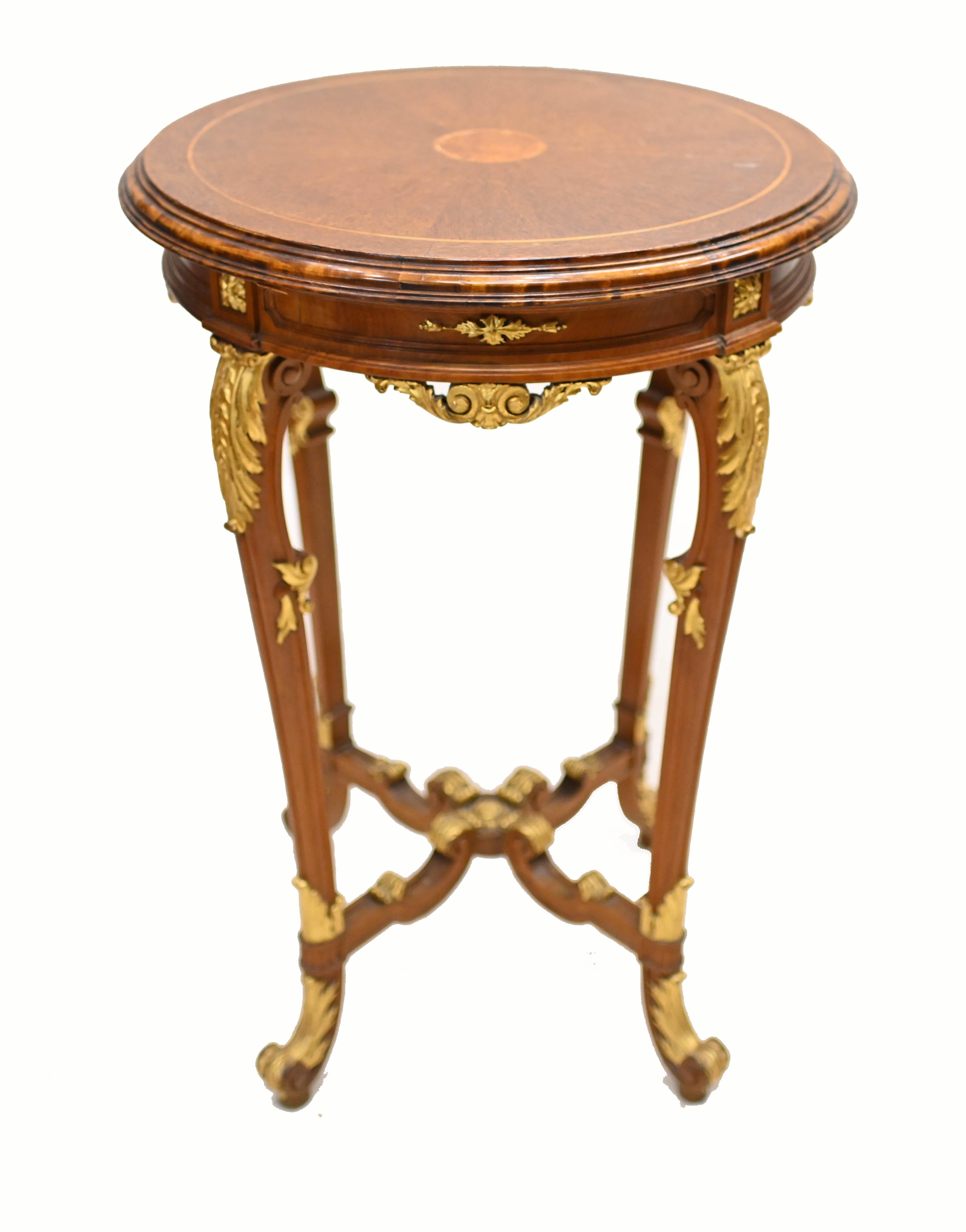 A French side table in kingwood with fine quality applied ormolu gilded mounts
Round top with concentric designs and woods
Circa 1890
Bought from a dealer on Marche Biron at Paris antiques markets
Viewings available by appointment
Offered in great