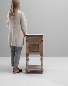 Antique French Side Table, Brown Oak with Marble Top, 1900s Design