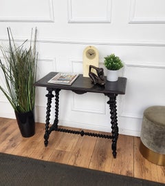 Antique French Side Table Carved Oak Beveled Top Bobbin Barley Twist Legs