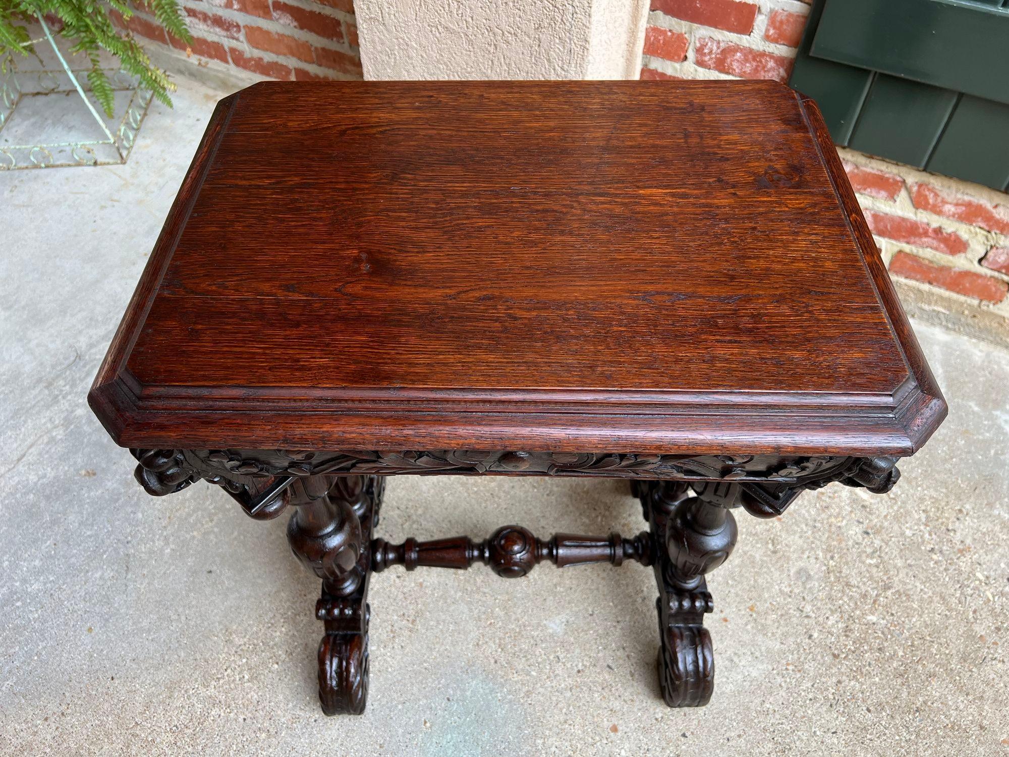 Antique French Side Table Petite Renaissance Carved Oak Trestle Desk Craft Table For Sale 4