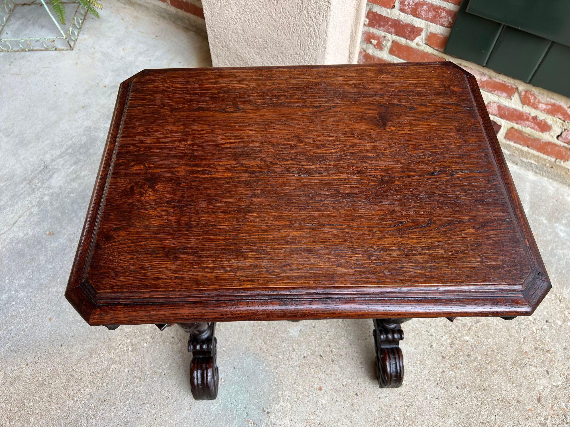 Antique French Side Table Petite Renaissance Carved Oak Trestle Desk Craft Table For Sale 5