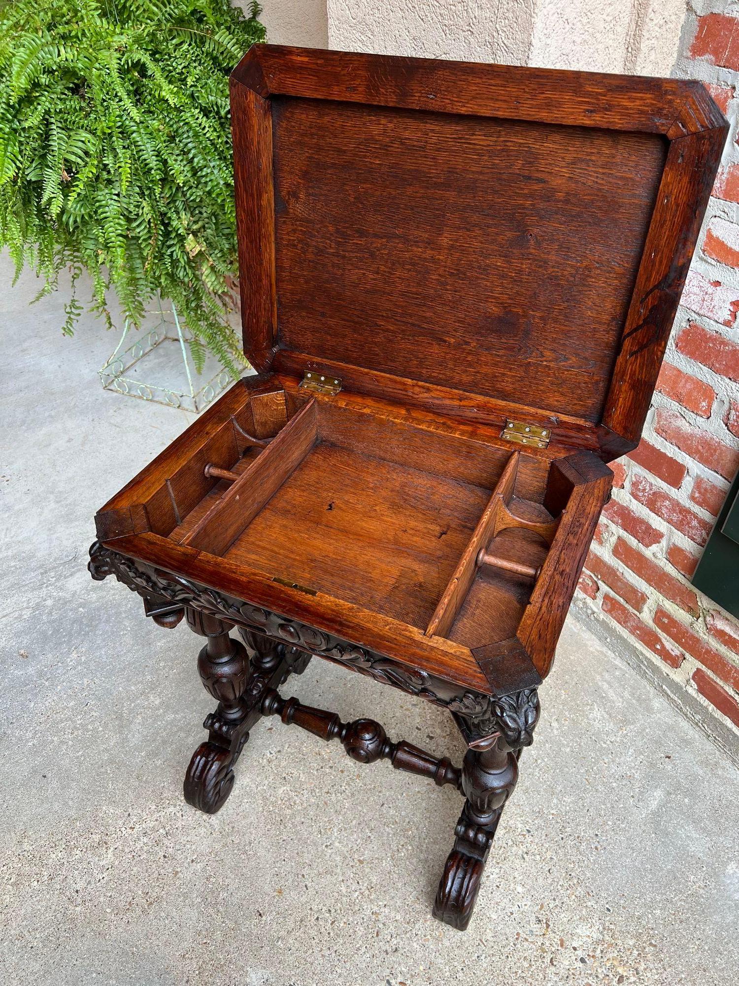 Antique French Side Table Petite Renaissance Carved Oak Trestle Desk Craft Table For Sale 6