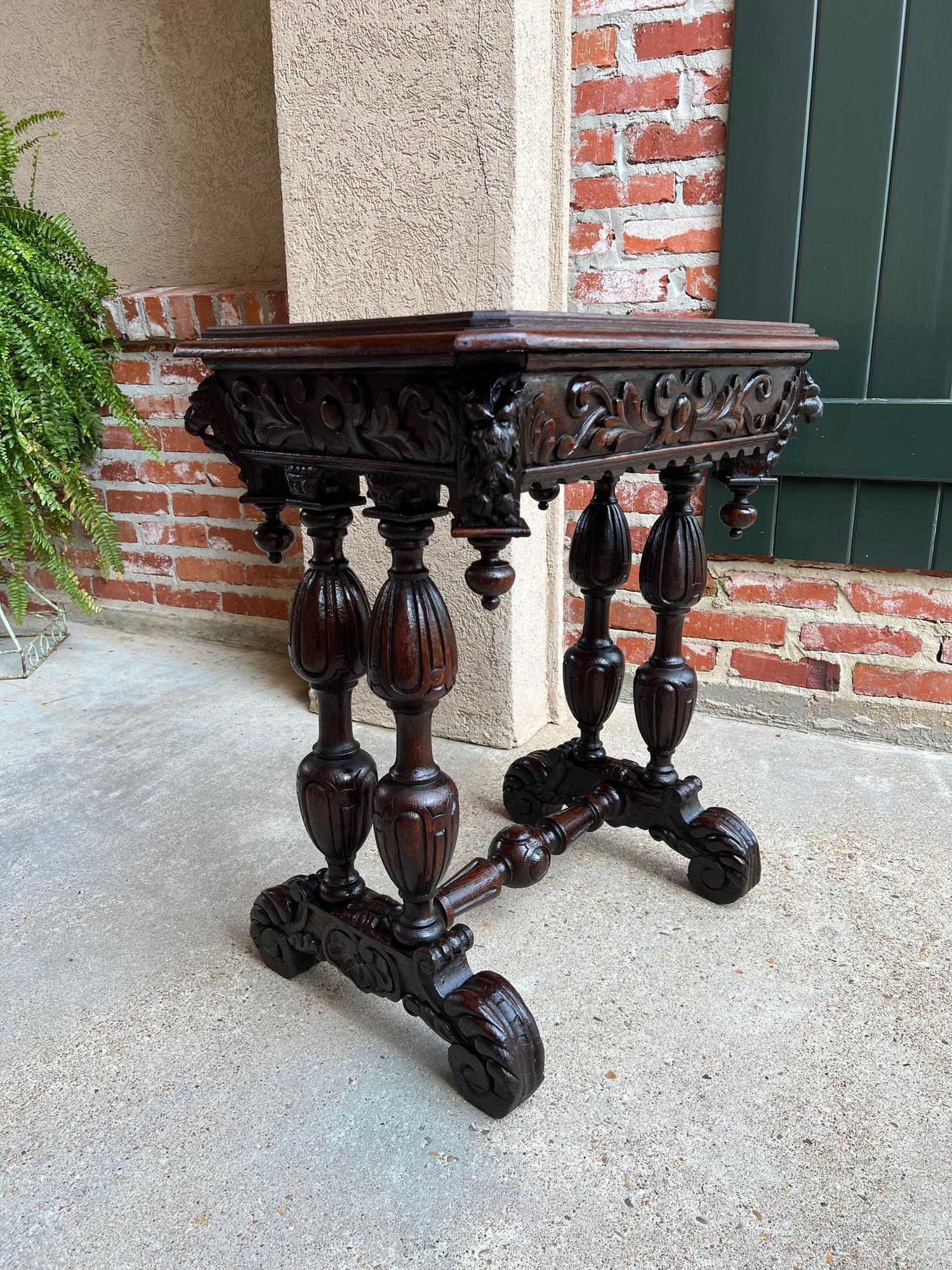 Antique French Side Table Petite Renaissance Carved Oak Trestle Desk Craft Table For Sale 7