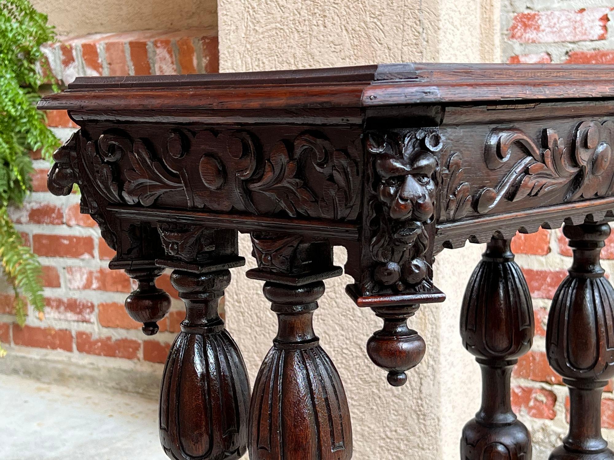 Antique French Side Table Petite Renaissance Carved Oak Trestle Desk Craft Table For Sale 10