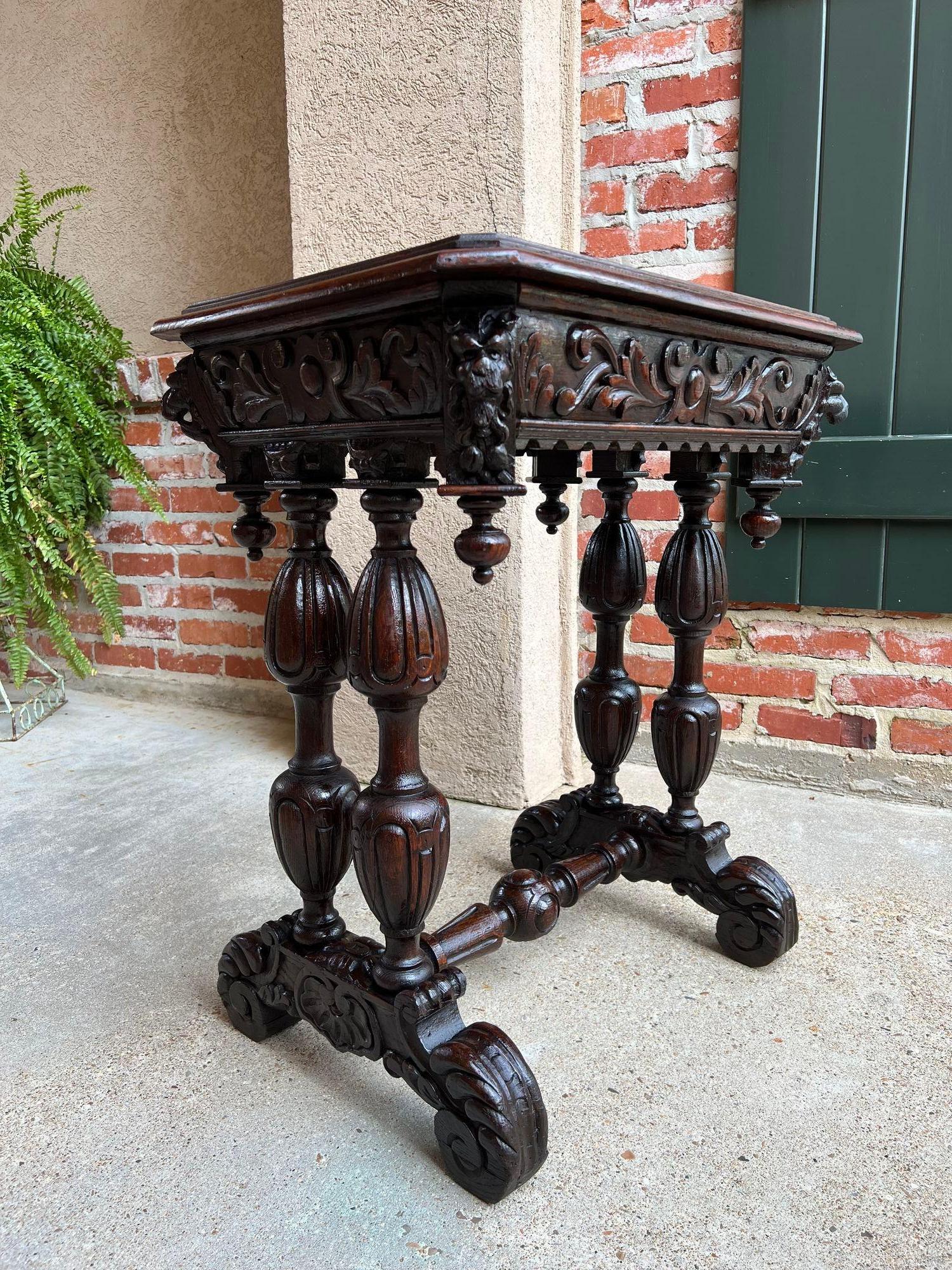 Antique French Side Table Petite Renaissance Carved Oak Trestle Desk Craft Table.

Direct from France, an elegant, and petite, antique French carved library table or 