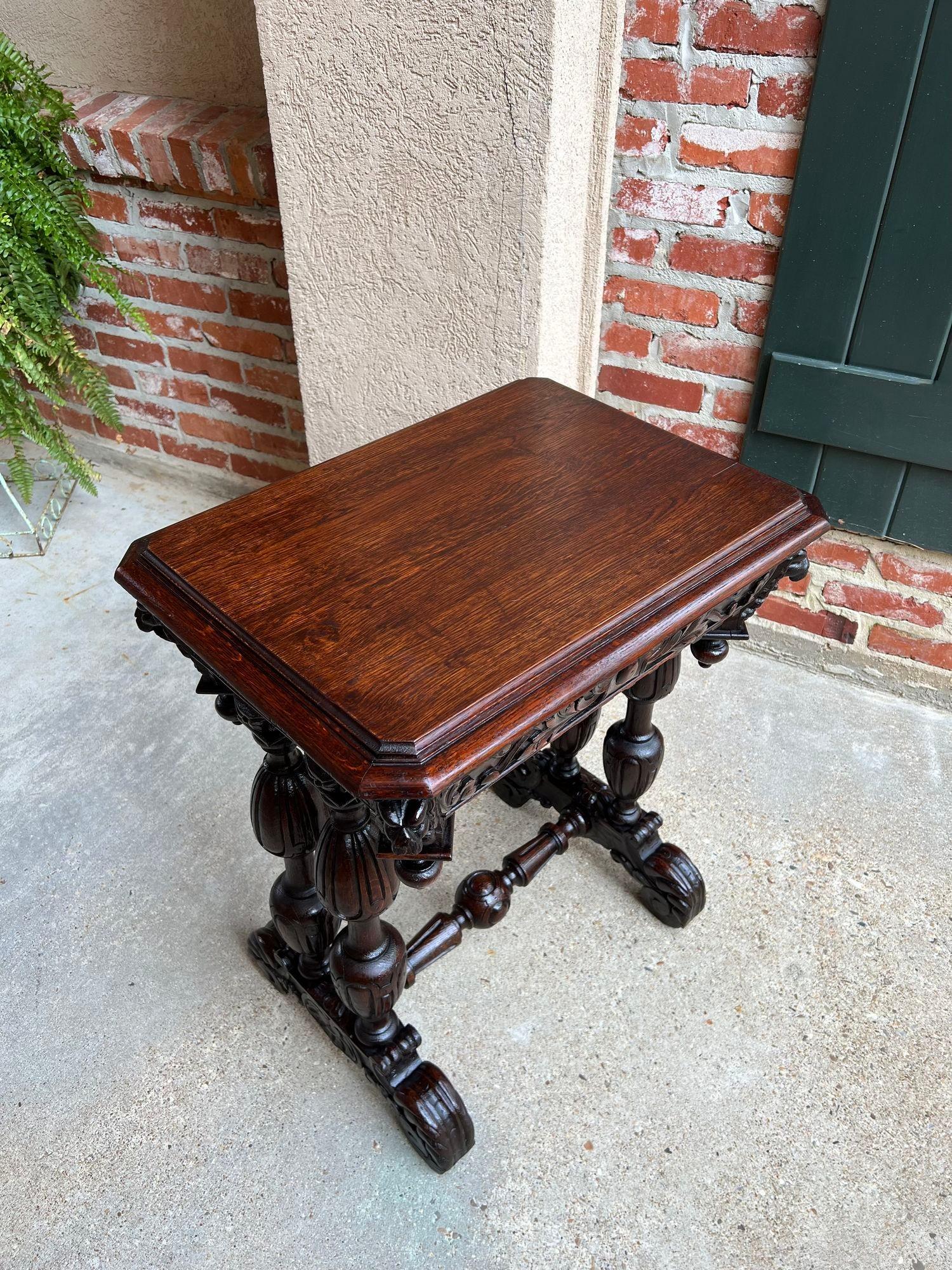 Antique French Side Table Petite Renaissance Carved Oak Trestle Desk Craft Table For Sale 14