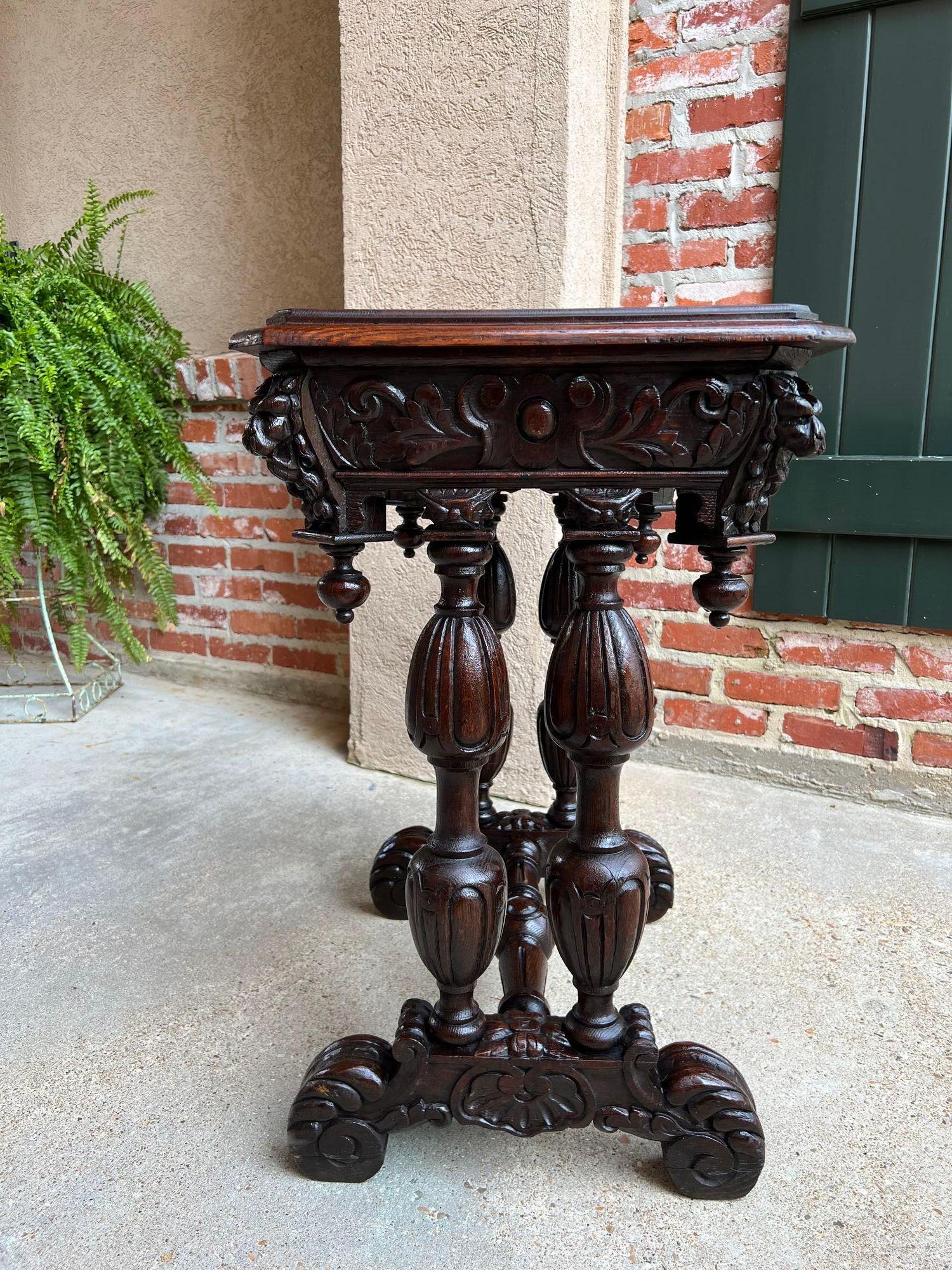 Renaissance Revival Antique French Side Table Petite Renaissance Carved Oak Trestle Desk Craft Table For Sale