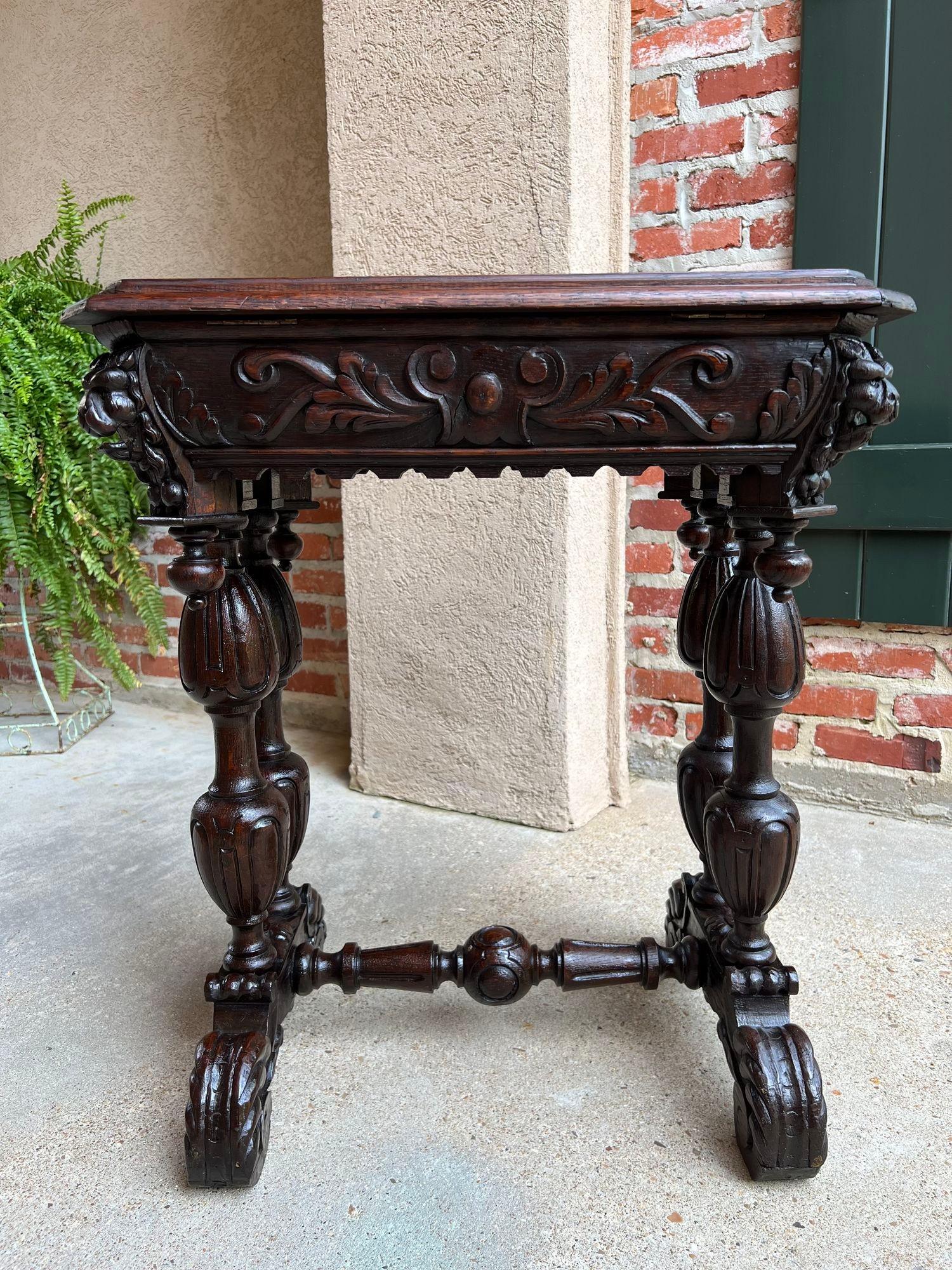 Hand-Carved Antique French Side Table Petite Renaissance Carved Oak Trestle Desk Craft Table For Sale