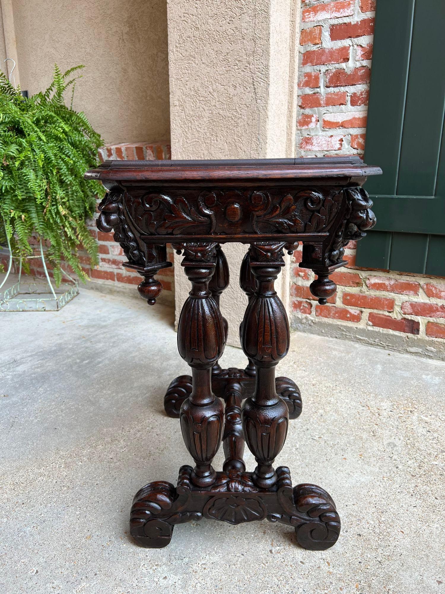 Antique French Side Table Petite Renaissance Carved Oak Trestle Desk Craft Table In Good Condition For Sale In Shreveport, LA