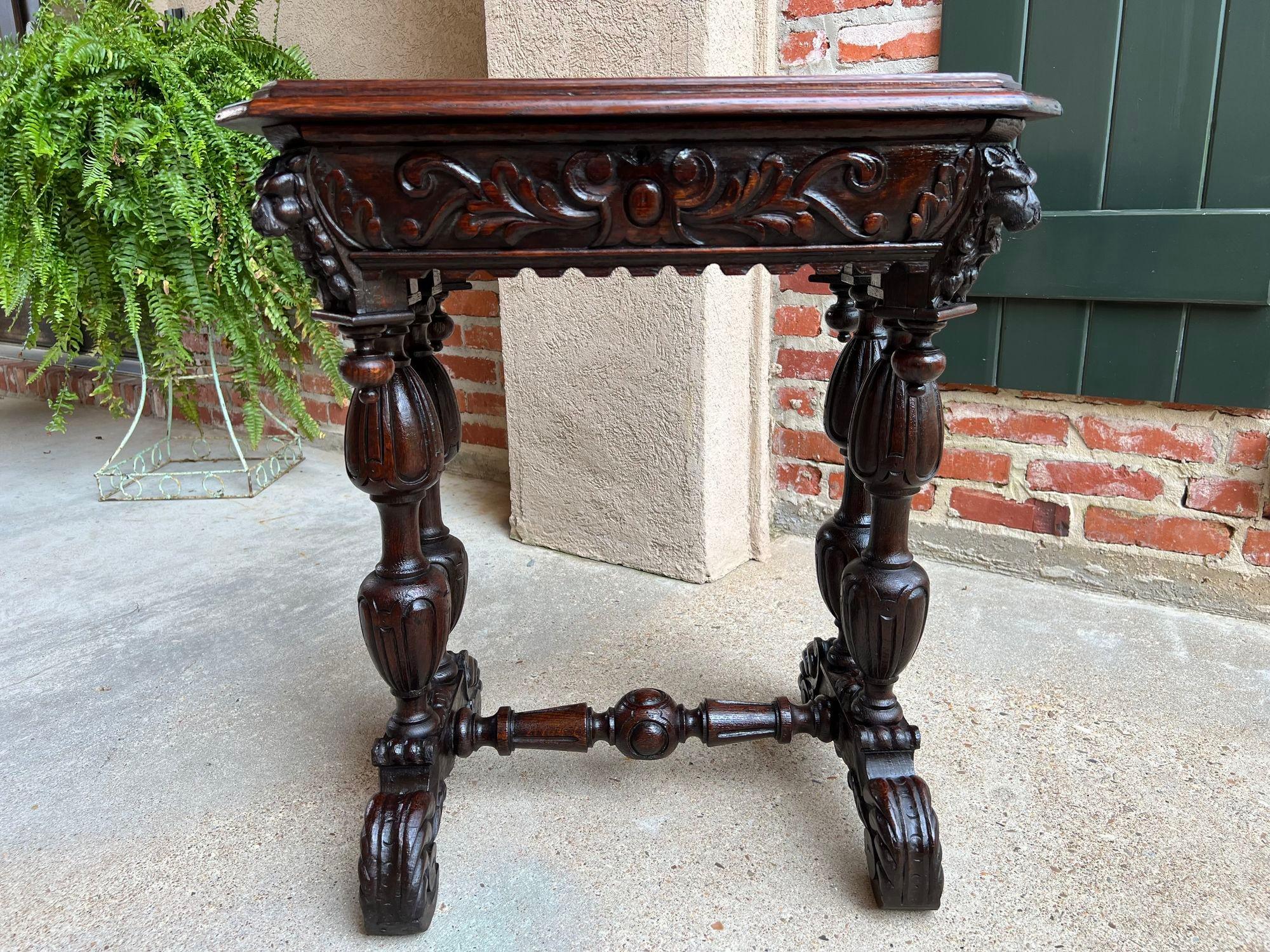 19th Century Antique French Side Table Petite Renaissance Carved Oak Trestle Desk Craft Table For Sale