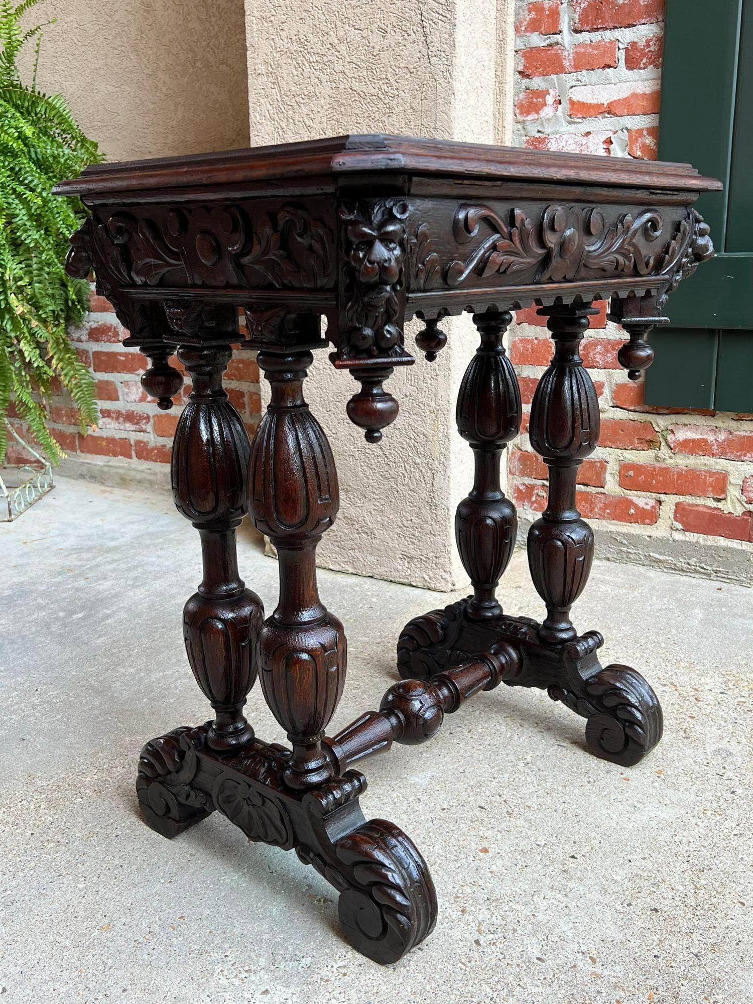 Antique French Side Table Petite Renaissance Carved Oak Trestle Desk Craft Table For Sale 1