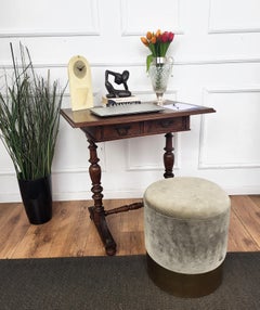 Antique French Side Table Writing Desk Oak Beveled Top Carved Decorated Legs