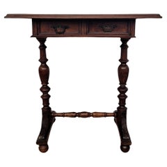 Antique French Side Table Writing Desk Oak Beveled Top Carved Decorated Legs