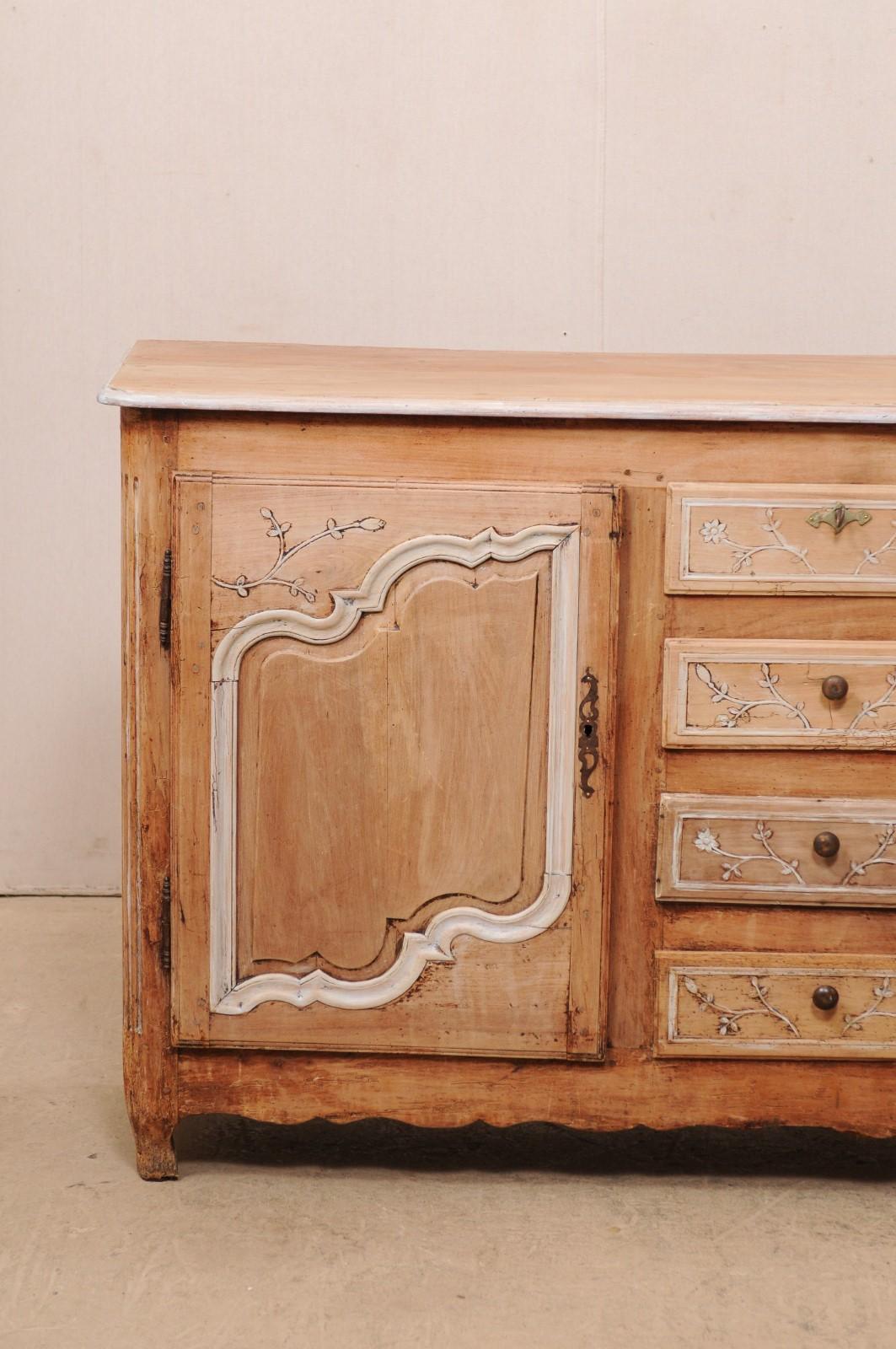 Bleached Antique French Sideboard Cabinet with Delicate Floral Carvings & Scalloped Skirt