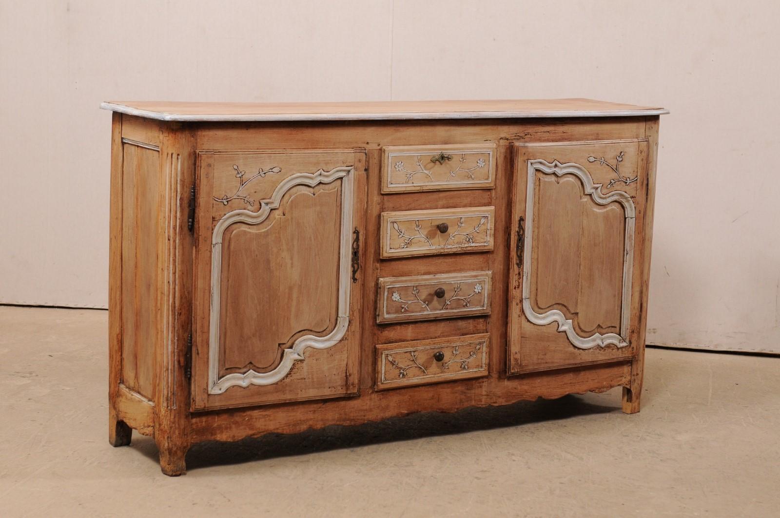 Wood Antique French Sideboard Cabinet with Delicate Floral Carvings & Scalloped Skirt