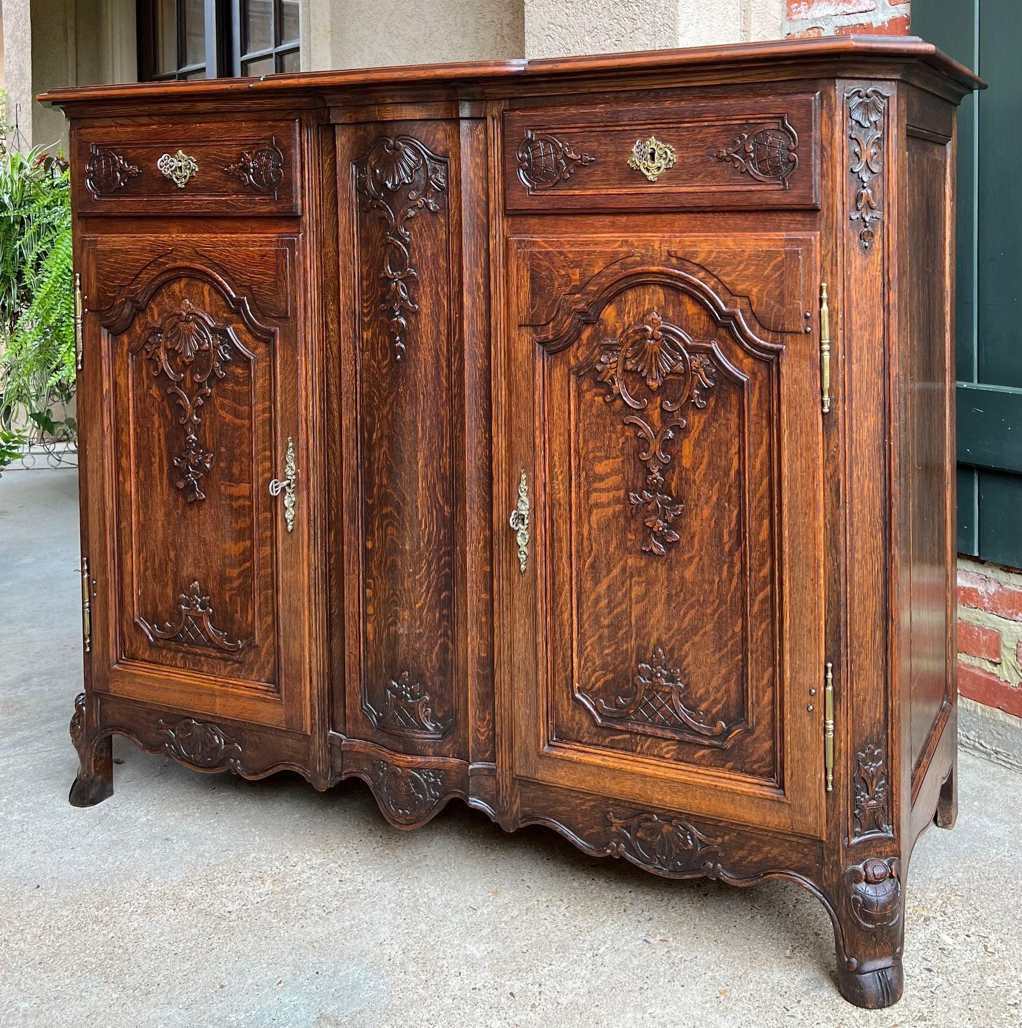 French Provincial Antique French Sideboard Foyer Cabinet Louis XV Carved Tiger Oak, 19th Century For Sale