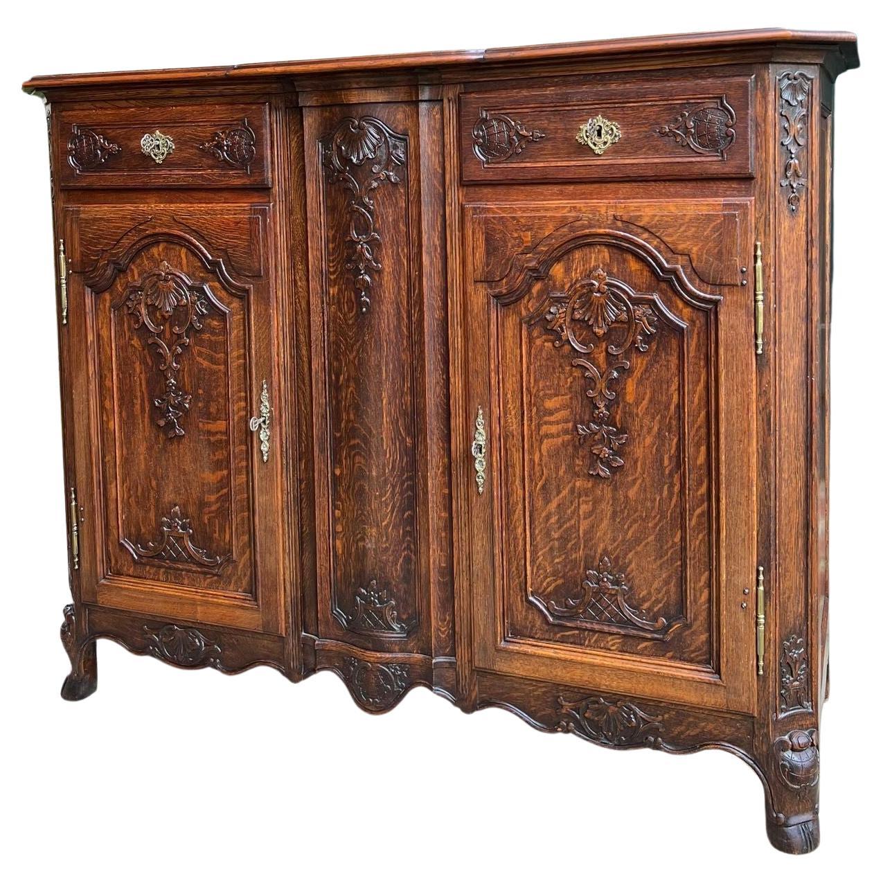 Antique French Sideboard Foyer Cabinet Louis XV Carved Tiger Oak, 19th Century For Sale