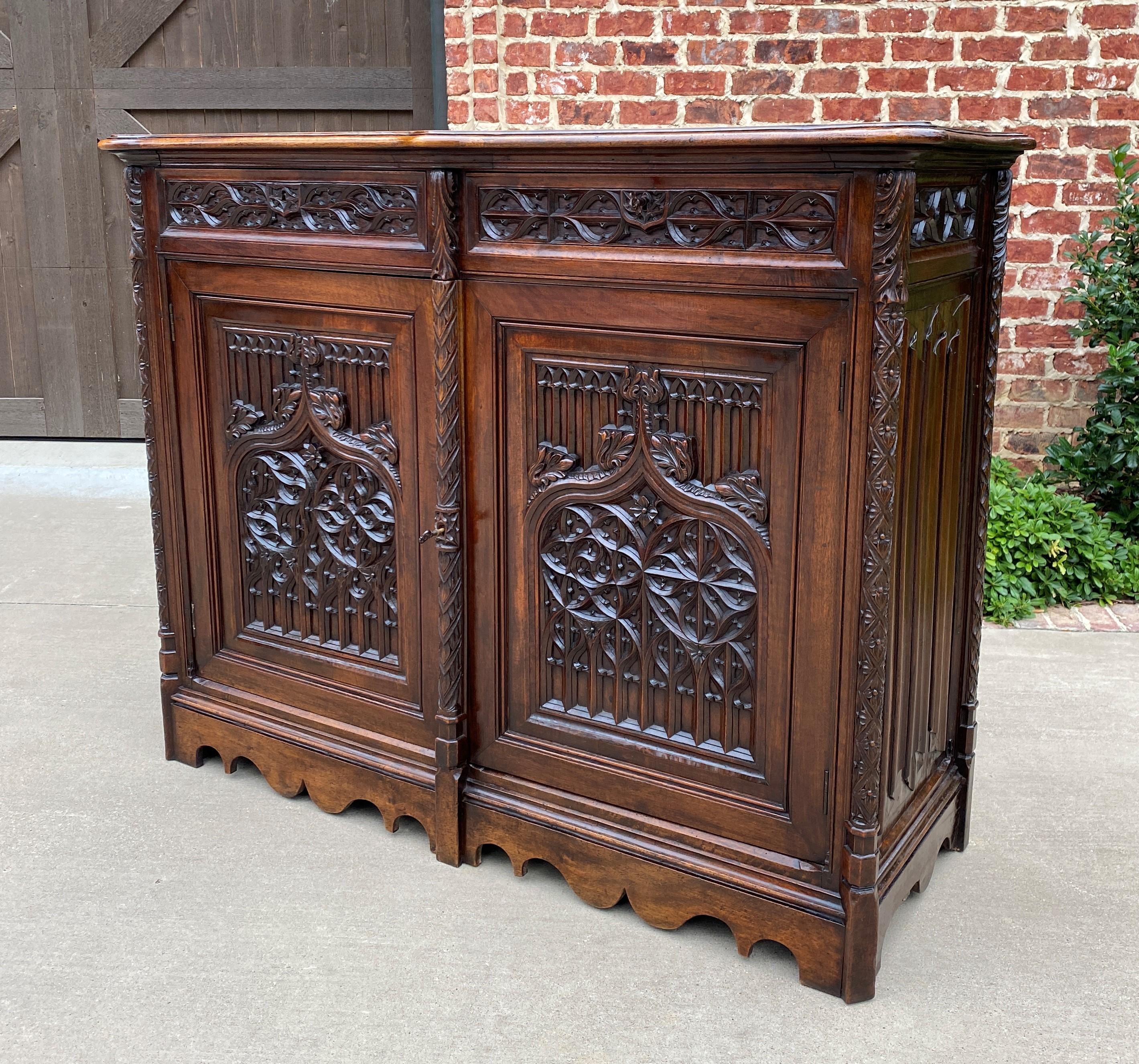 19th Century Antique French Sideboard Server Buffet Cabinet Gothic Revival Walnut 19thC