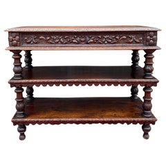 Antique French Sideboard Server Console Sofa Table 3-Tier with Drawer Oak 19C