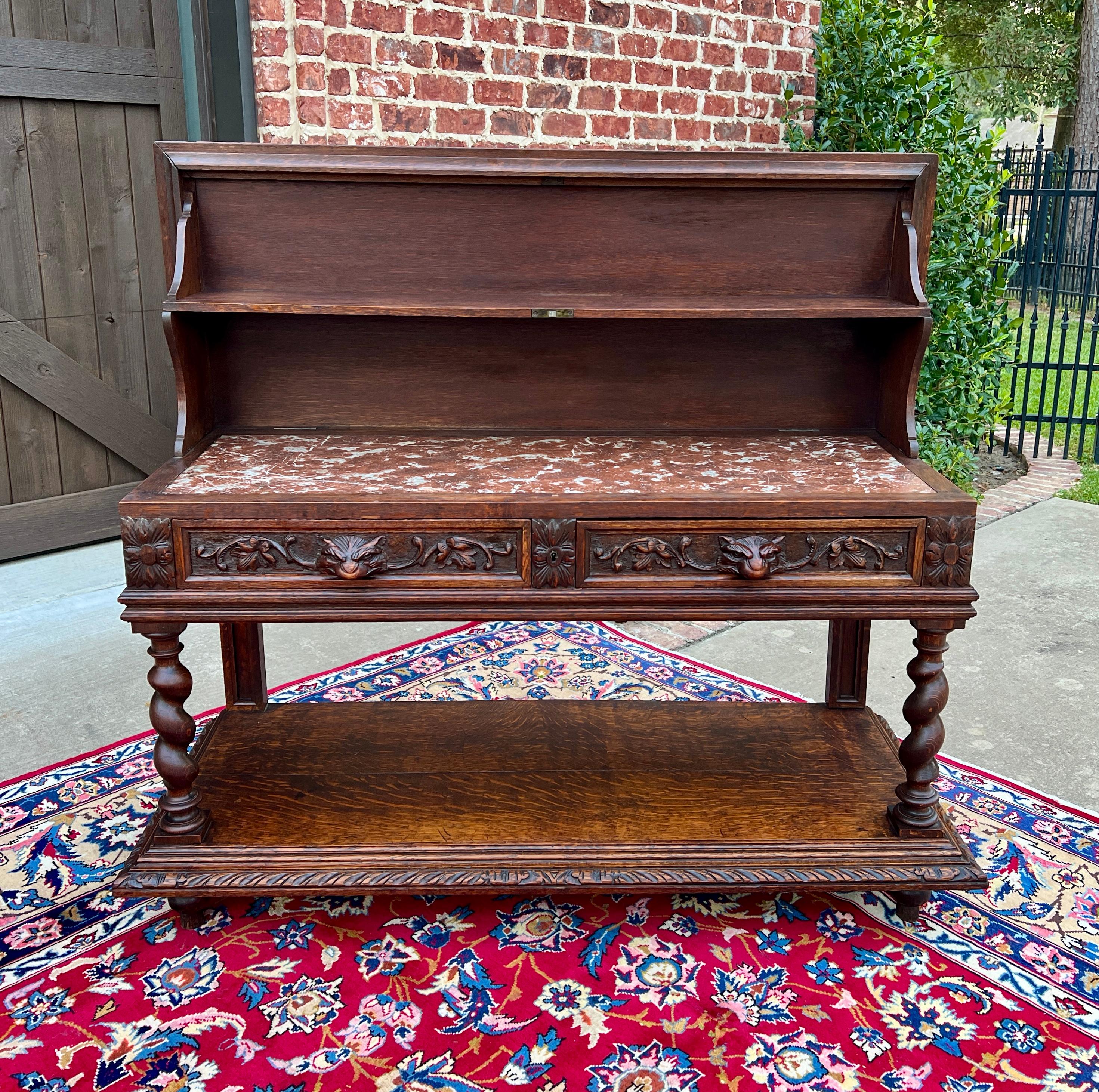 EXQUISITE Antique French Renaissance Revival HIGHLY CARVED Marble Top Barley Twist Oak Sideboard, Server or Console Sofa Table or Sideboard/Server~~UNIQUE SIZE~~c. 1880s

Barley twist posts and double drawers~~beautiful statement piece~~wonderful